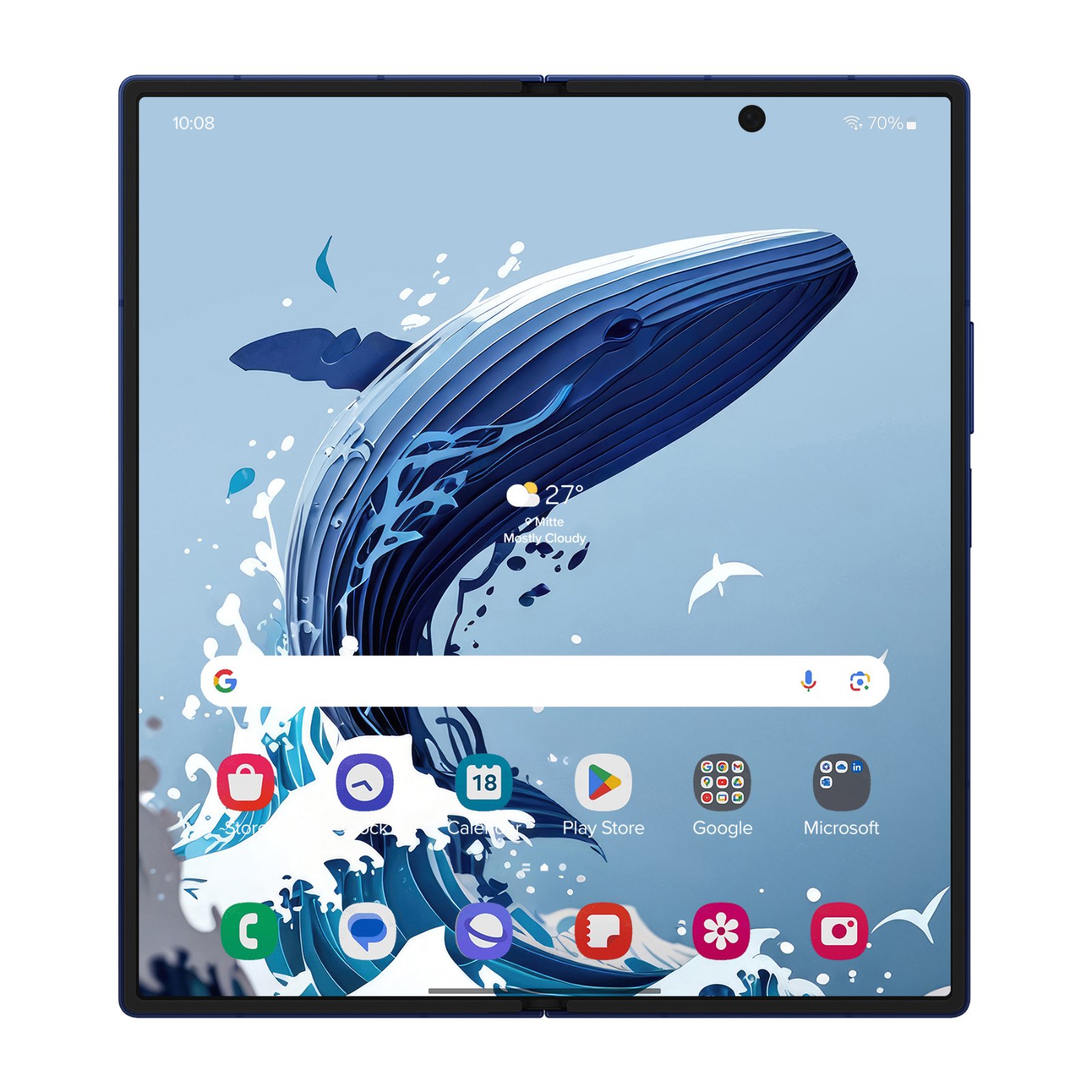 Samsung Galaxy Z Fold tablet showing the whale artwork with search bar and app icons in a home screen layout.