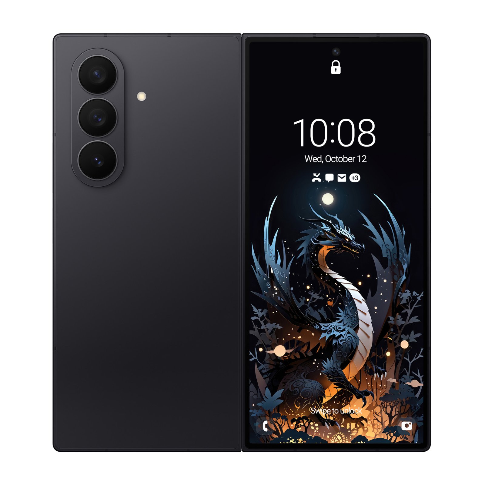 Samsung Galaxy Z Fold phone displaying a papercraft illustration of a coiled dragon with indigo scales wrapped around a luminous moon, surrounded by burnt orange and gold layered foliage against a black background.