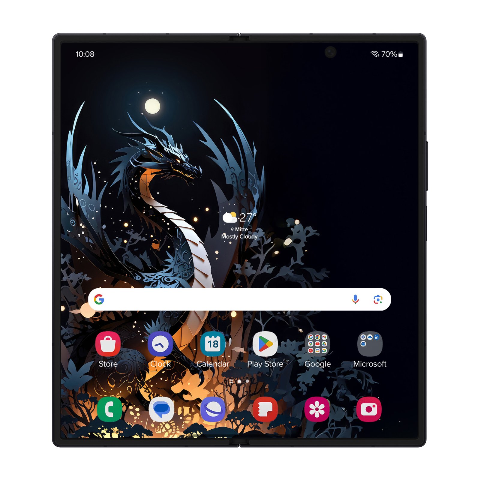 Samsung Galaxy Z Fold tablet displaying the dragon moon wallpaper with a search bar and app icons visible at the bottom.