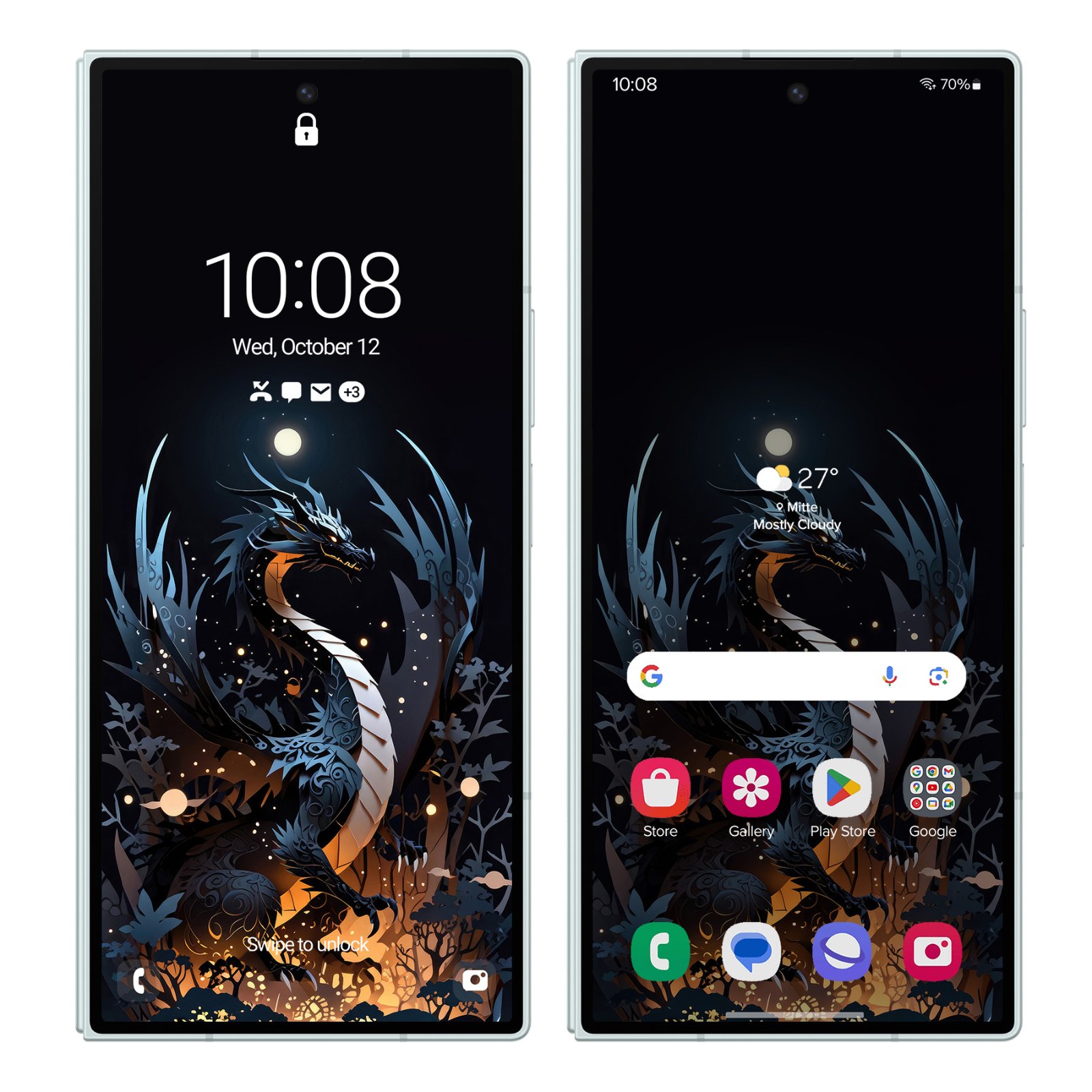 Two Samsung Galaxy phones side by side, both showing the same layered papercut dragon and moon design with indigo and orange tones on black.