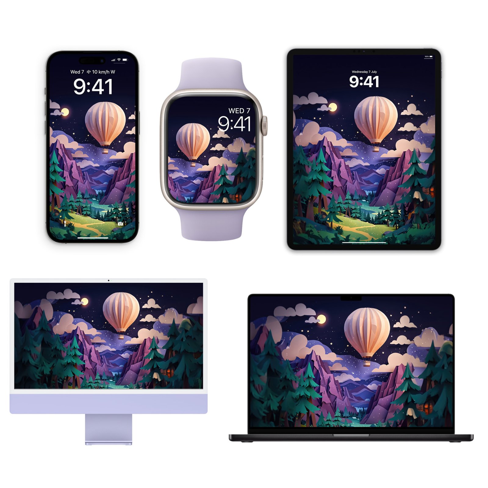 iPhone, Apple Watch, and iPad displaying a nighttime papercraft scene: a pink and cream striped hot air balloon floats above purple mountains and teal forest silhouettes against a dark blue starry sky with mauve clouds.