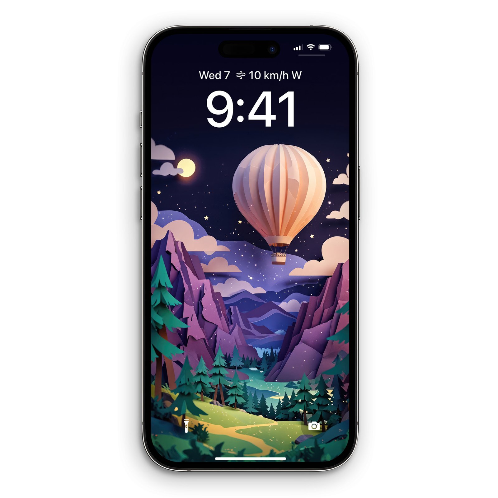 iPhone 14 Pro showing the hot air balloon papercraft wallpaper in full screen with time display 9:41