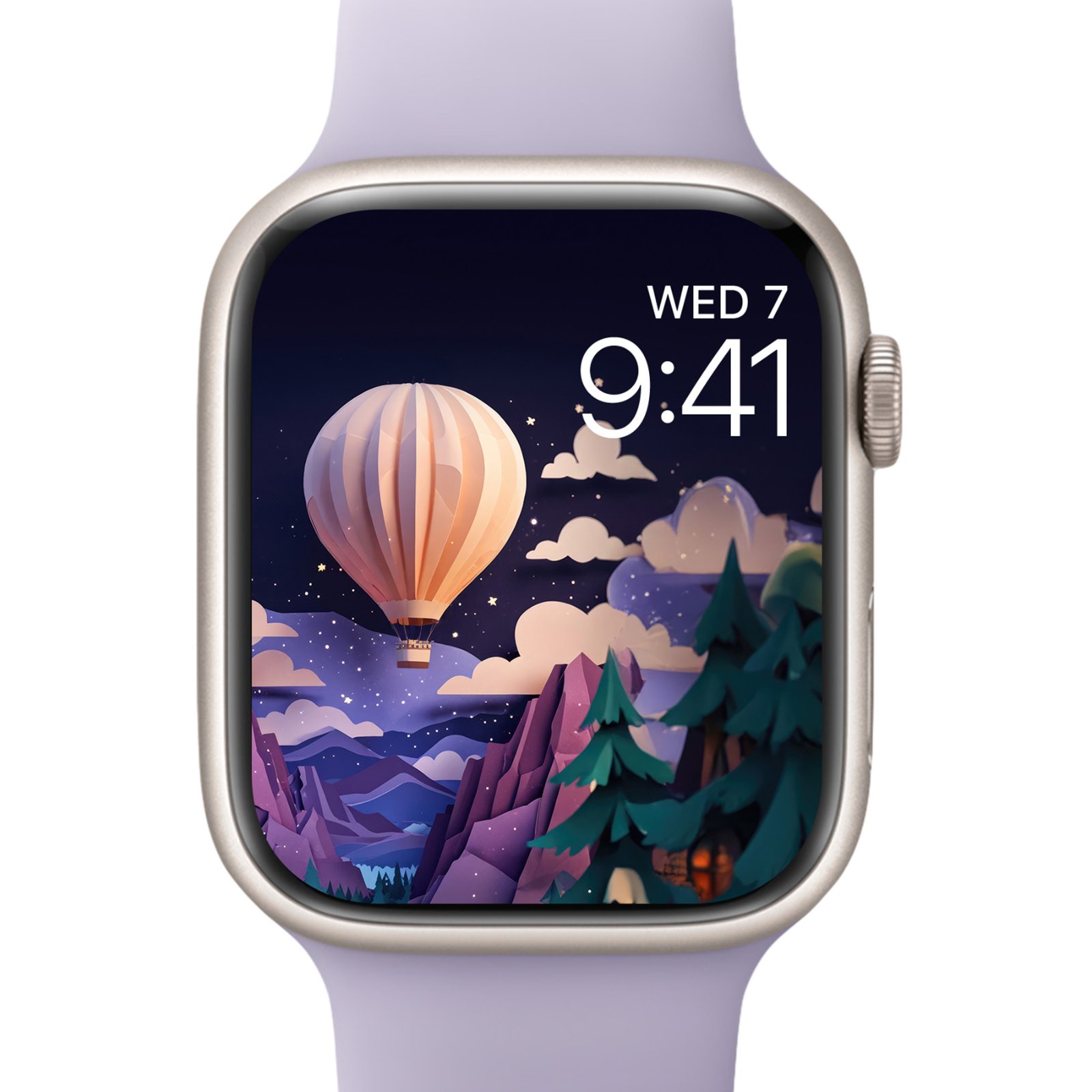 Apple Watch Series 8 with lavender band displaying the same balloon and mountain scene scaled to watch face size
