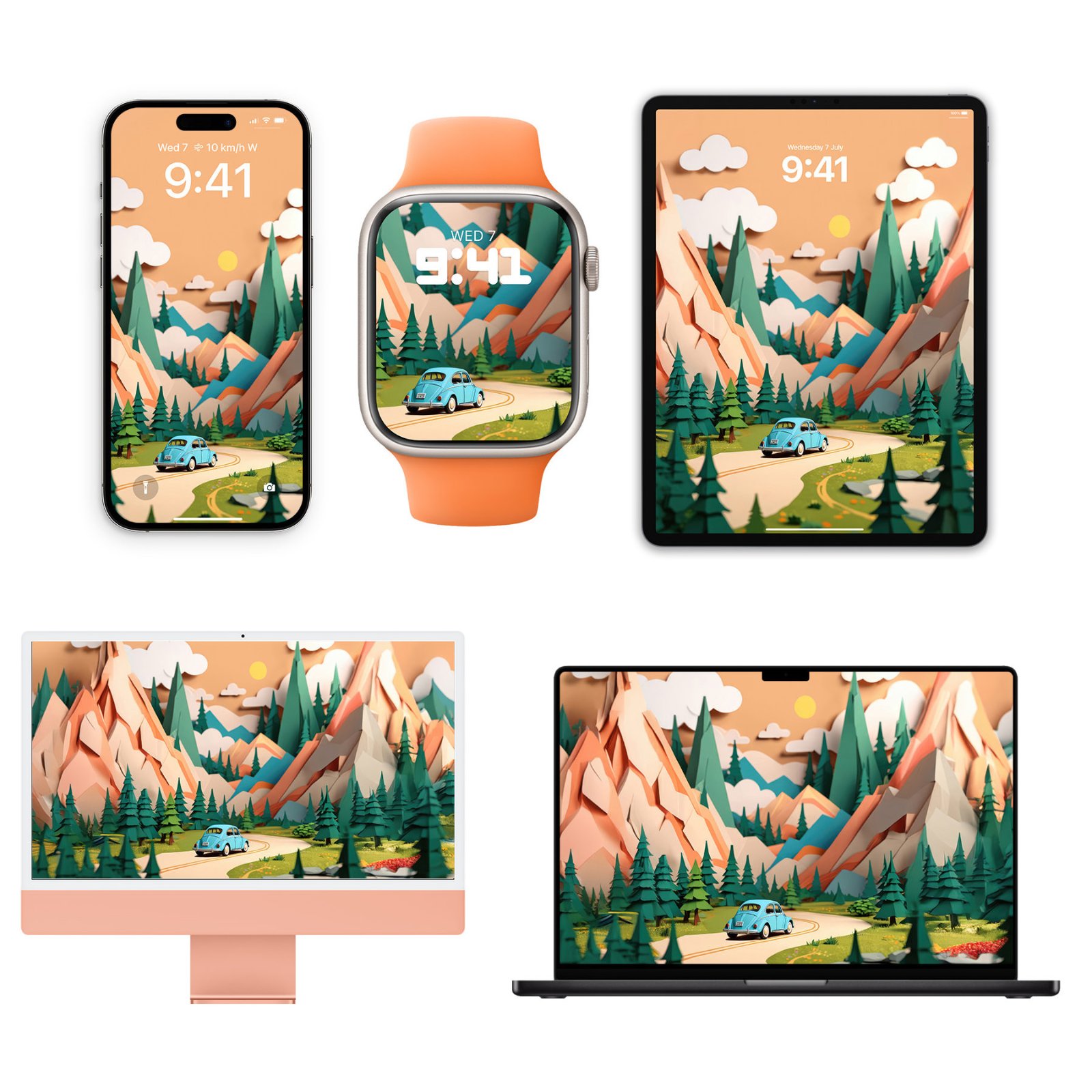 Paper-cut mountain landscape scene displayed on iPhone, Apple Watch with orange band, and iPad, showing layered terracotta peaks, green forest, turquoise vintage car on sandy ground, and peach sky with white clouds and yellow sun.
