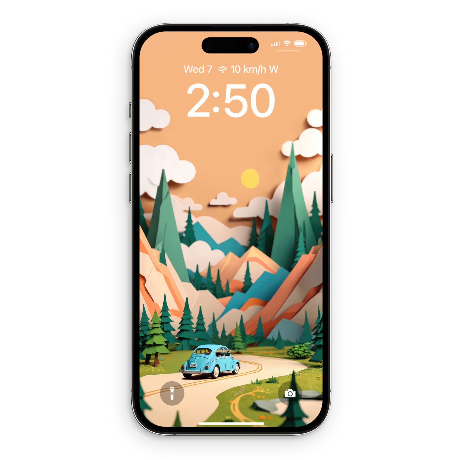iPhone lock screen showing the same paper-art mountain landscape with turquoise car and peach sky, displaying time 2:50.