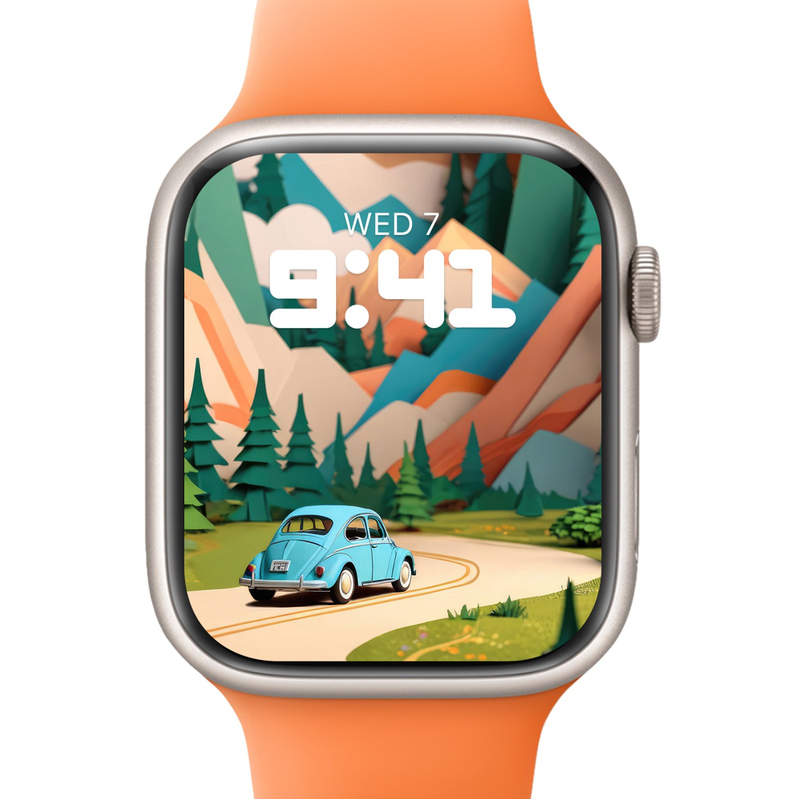 Apple Watch with orange sport band displaying the mountain landscape wallpaper with time 9:41.