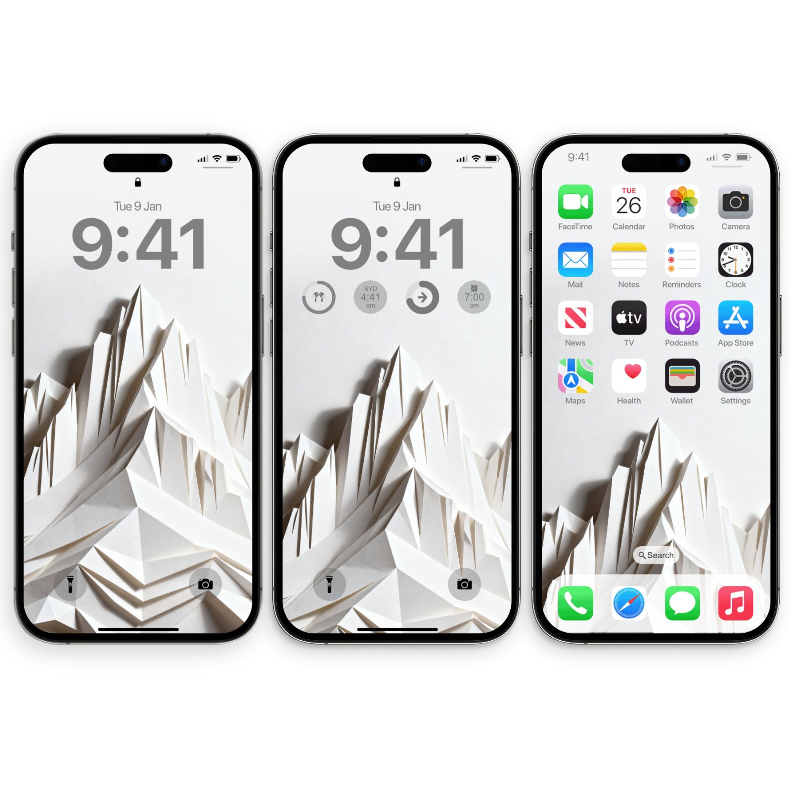Three iPhones side by side displaying a monochromatic paper-fold wallpaper with layered cream, taupe, and gray geometric planes. The left and center phones show the lock screen with time 9:41. The right phone displays the home screen with app icons visible.
