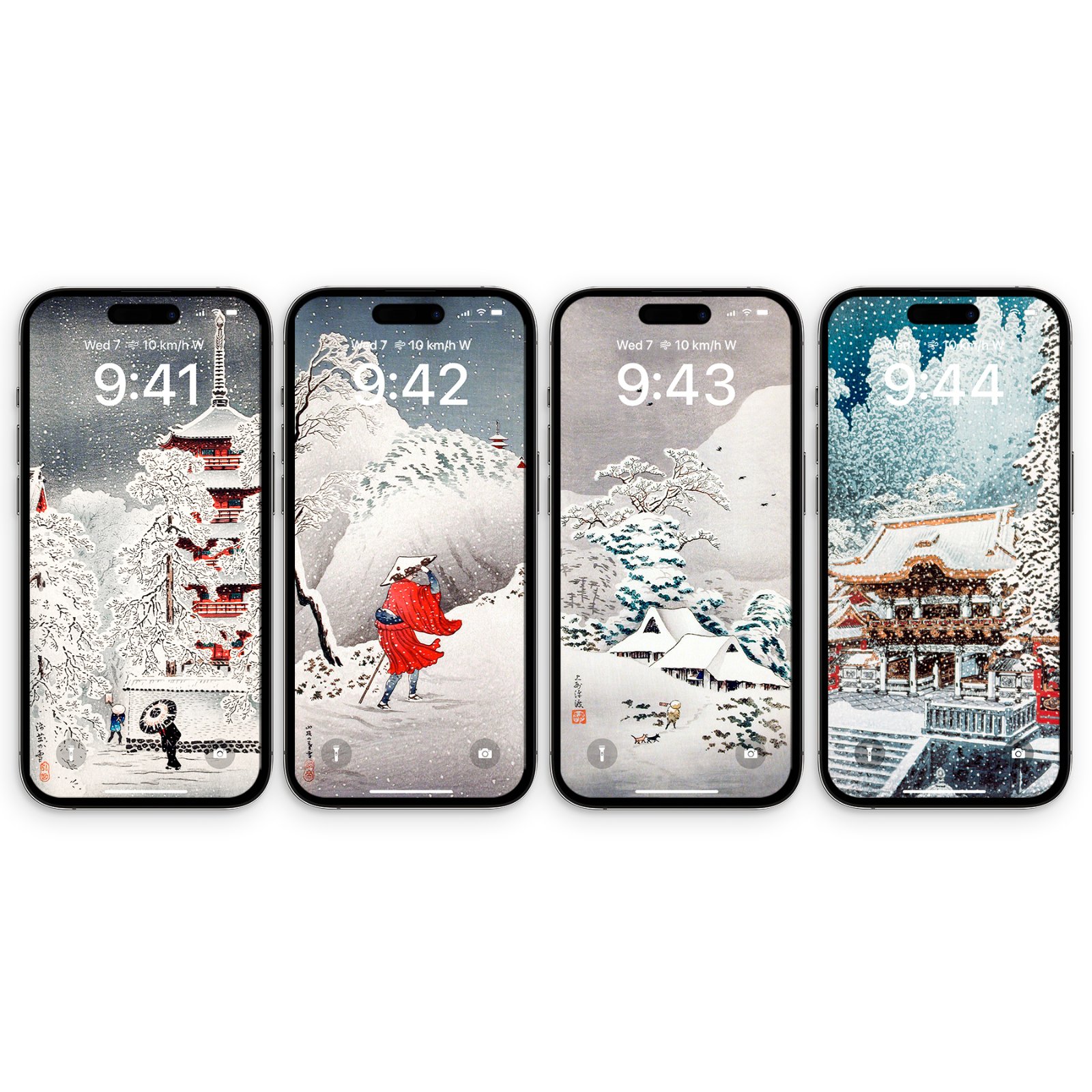 Four iPhones displayed side by side showcasing traditional Japanese ukiyo-e winter landscapes covered in snow.