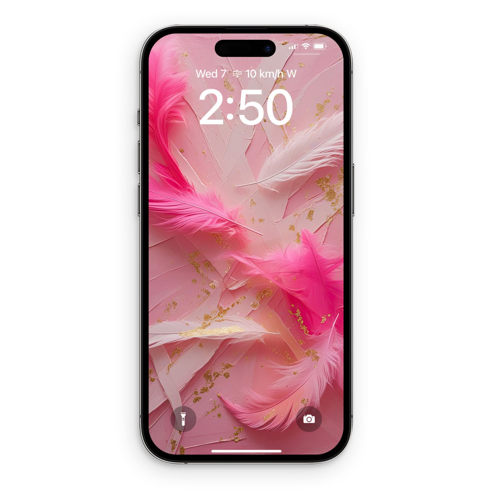 An iPhone mockup displaying a lock screen with vibrant magenta feathers, white feathers, and scattered gold leaf dust over a blush pink background.