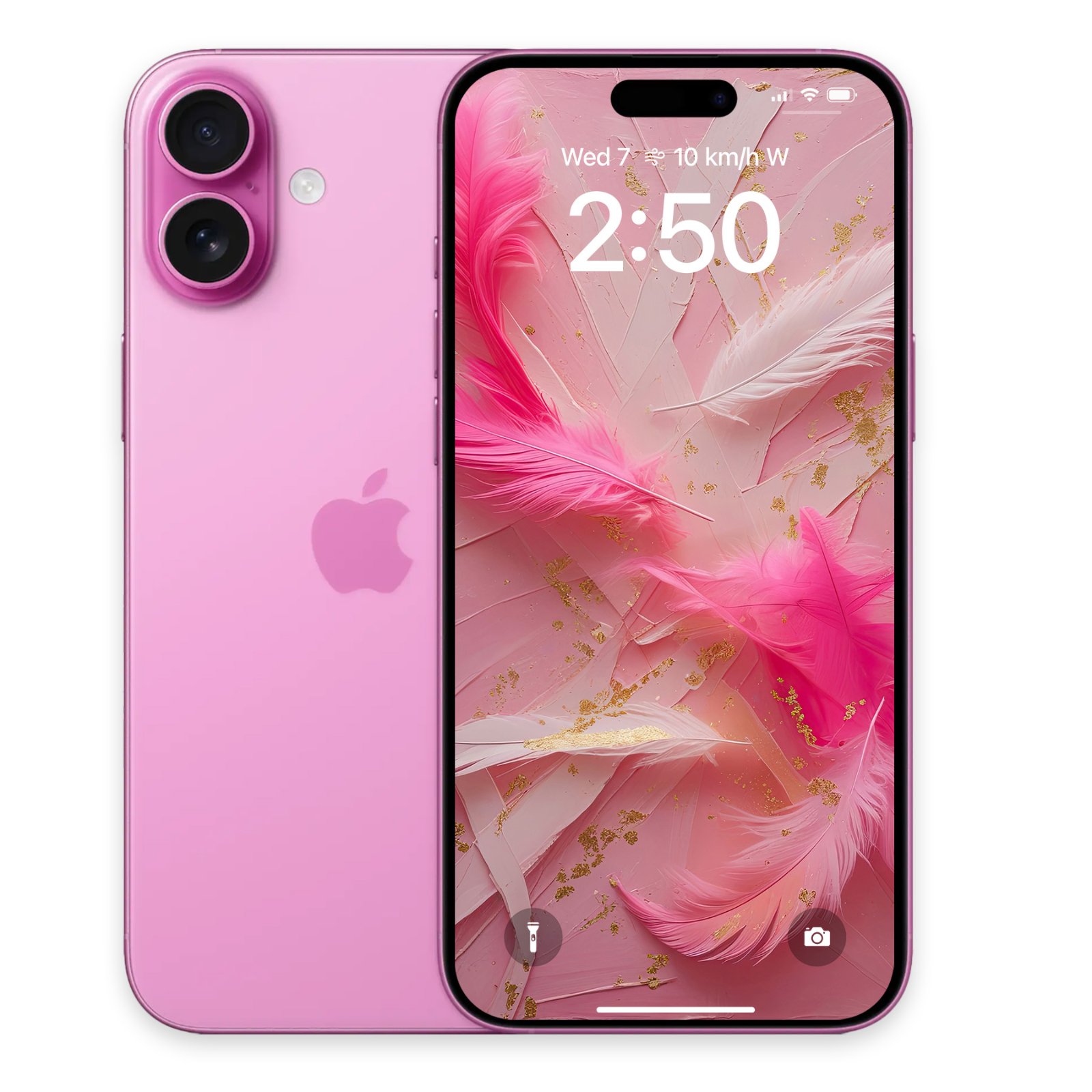 A pink iPhone shown from the back alongside its front screen displaying the pink feather and gold leaf background.
