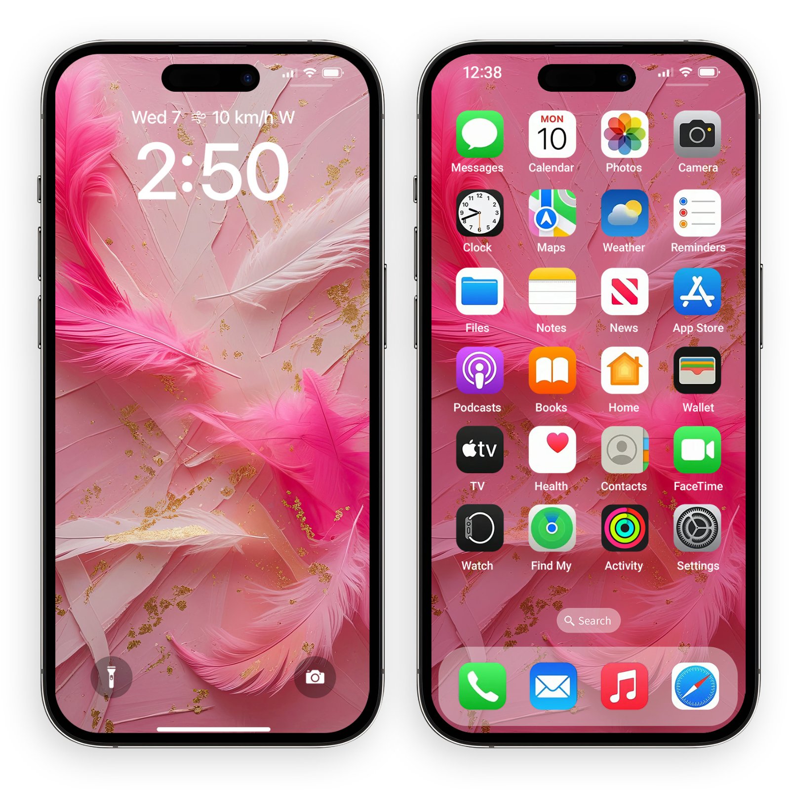 Two iPhone mockups side by side showing the lock screen and home screen with a pink feather and gold dust wallpaper design.