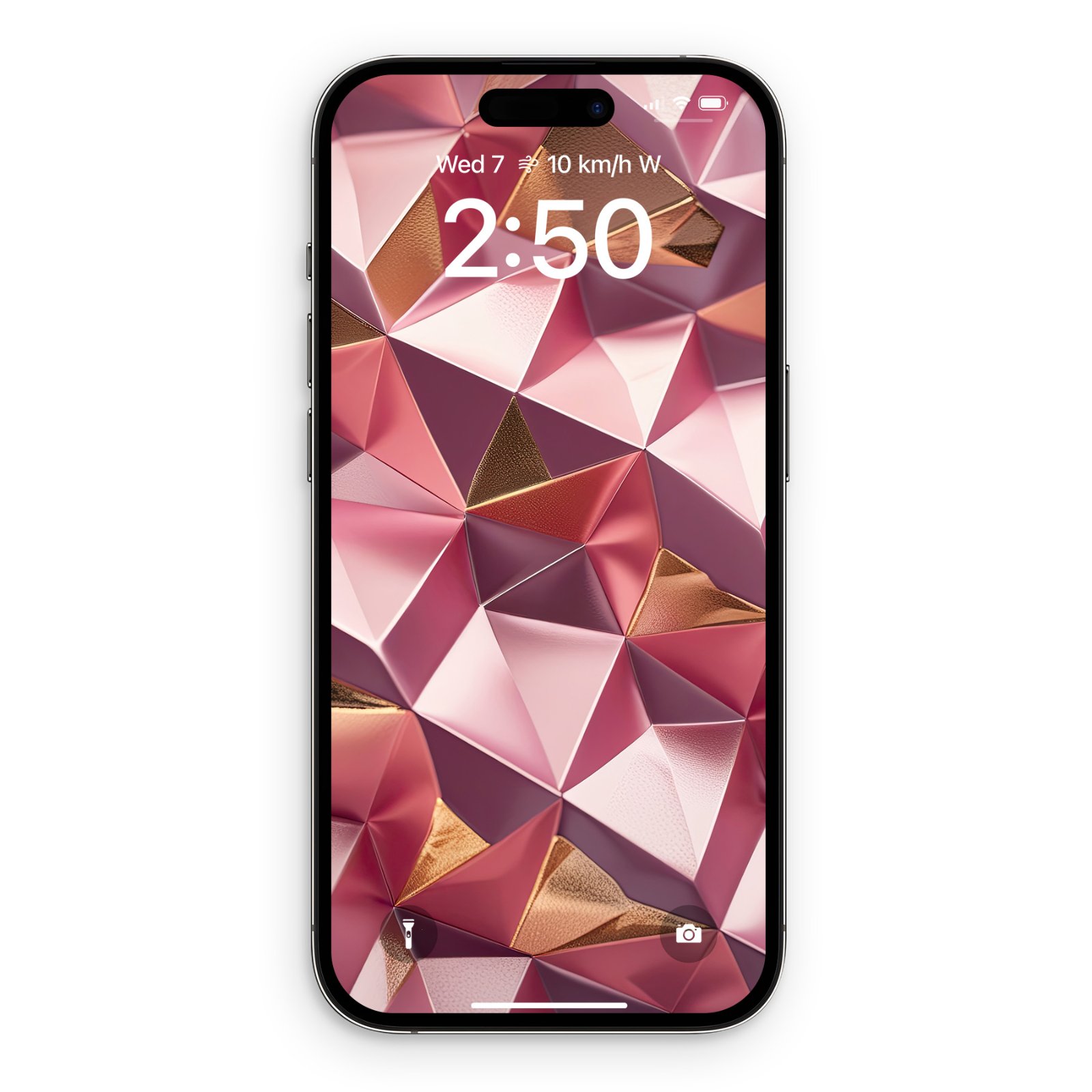 An iPhone screen displaying a rose gold and copper low-poly geometric geometric wallpaper with metallic reflections.