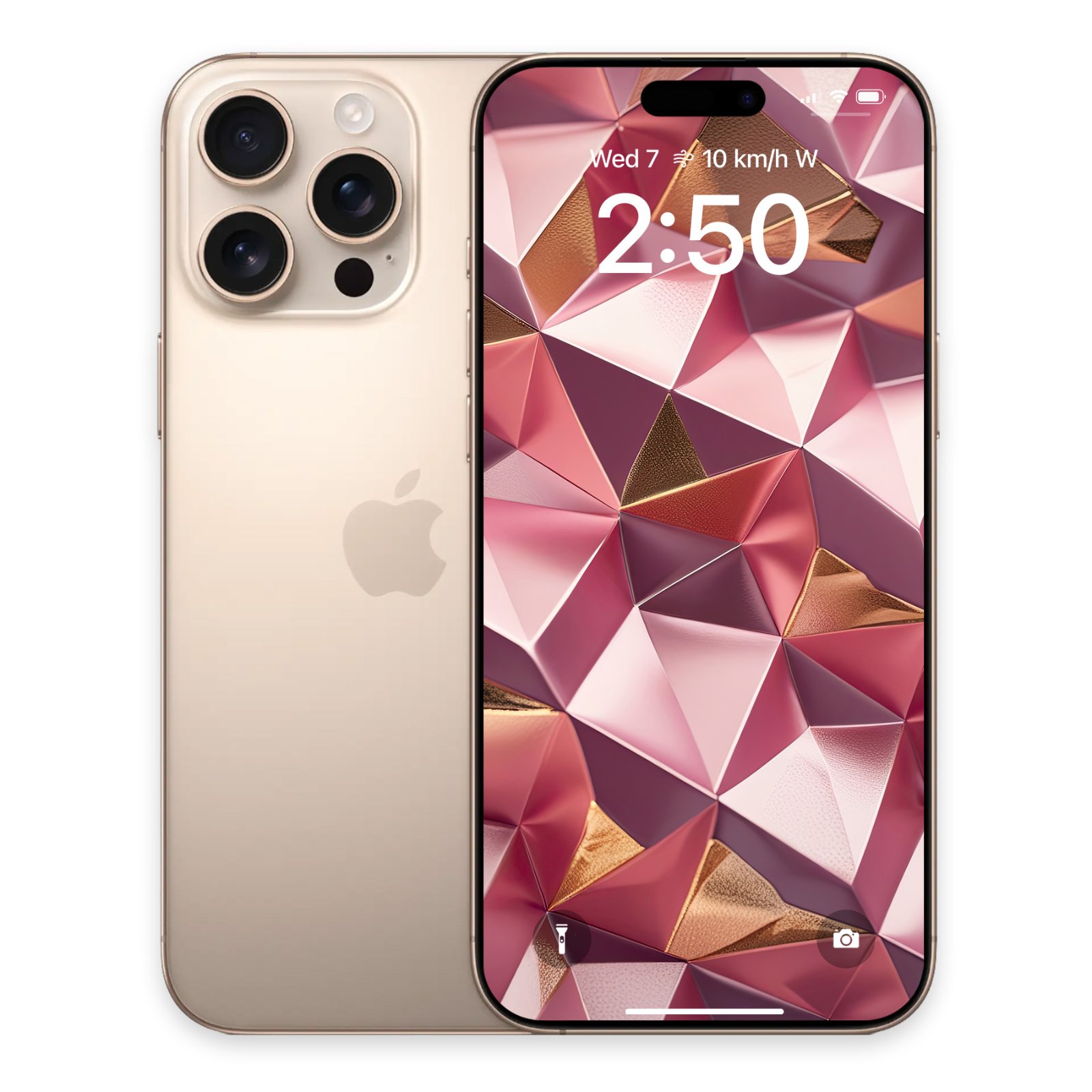 A gold iPhone Pro next to an iPhone displaying a rose gold geometric low-poly wallpaper on its lock screen.