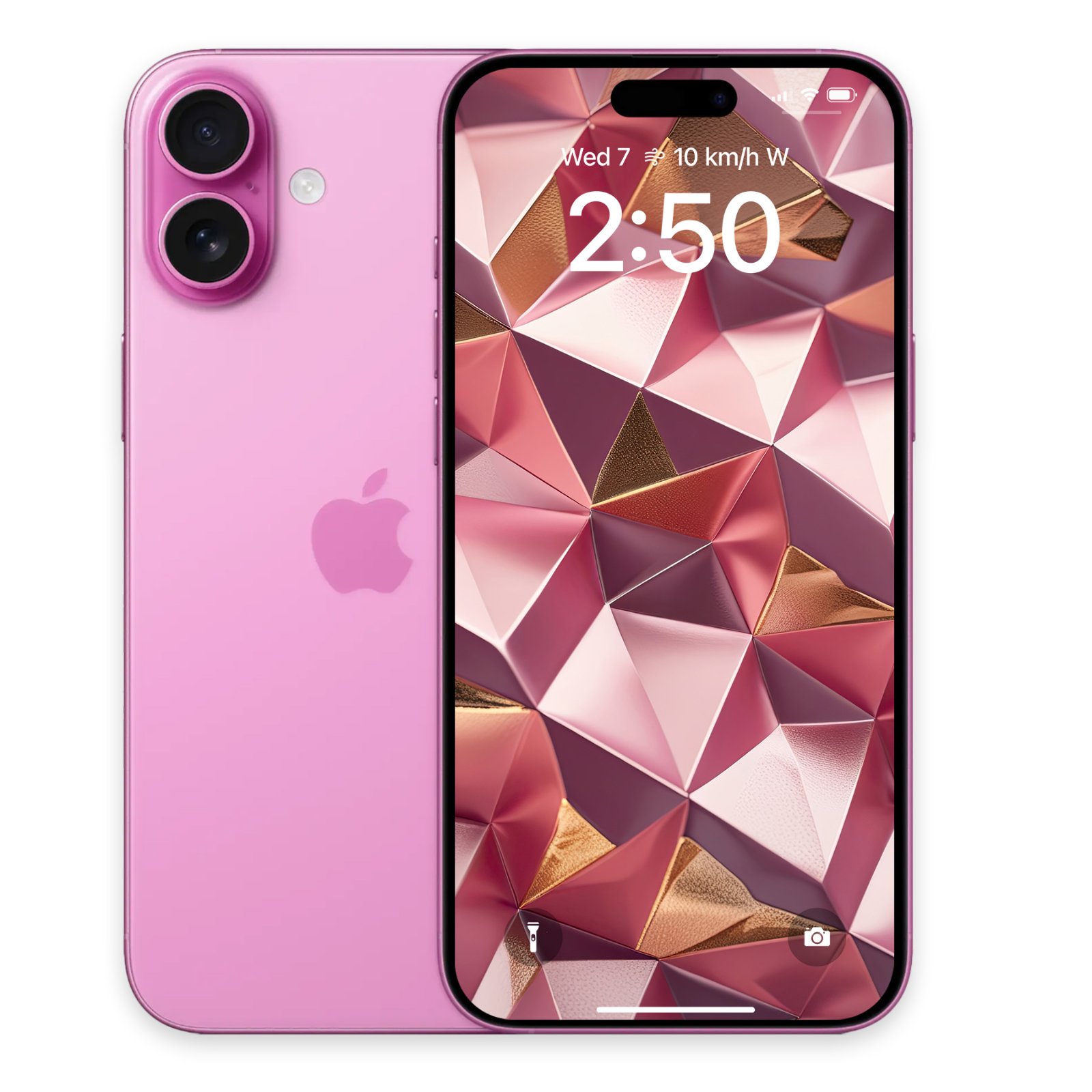 A pink iPhone 16 next to an iPhone showing a blush pink and copper geometric low-poly wallpaper.