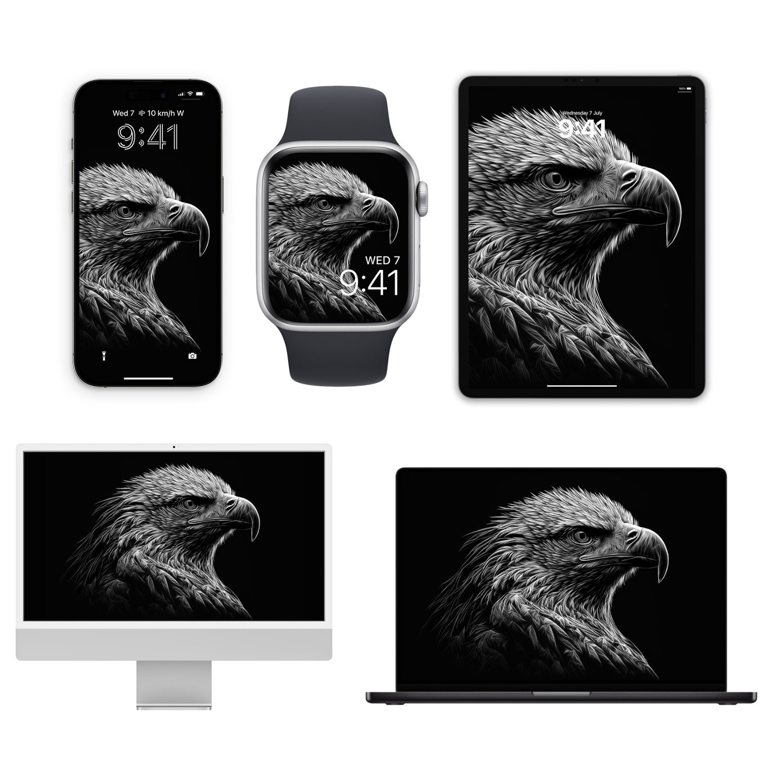 Five electronic devices displayed together including an iPhone, Apple Watch, iPad, iMac, and MacBook, each showing a black and white eagle head portrait wallpaper against a black background.