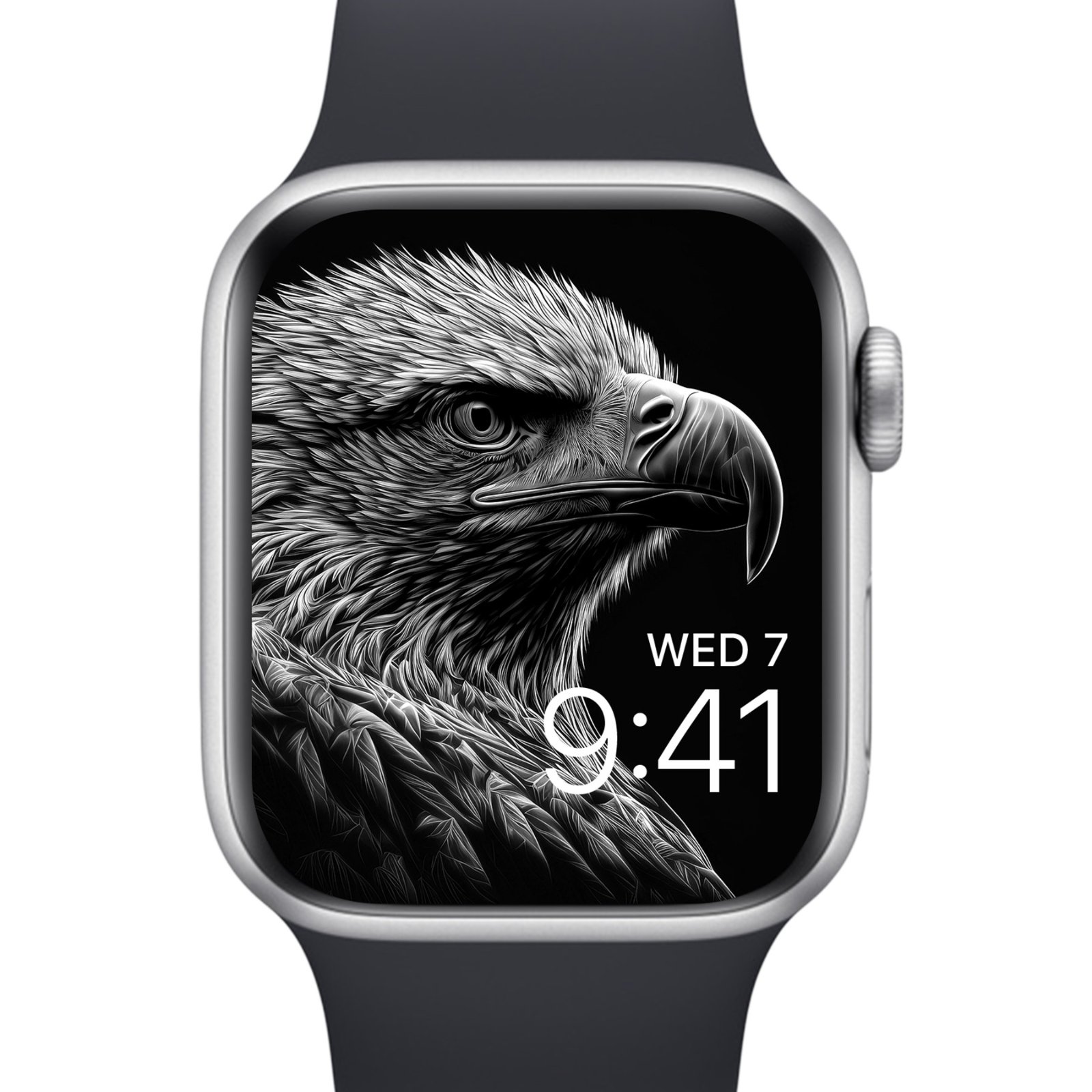 An Apple Watch face showing a close-up black and white eagle head portrait against a dark background.