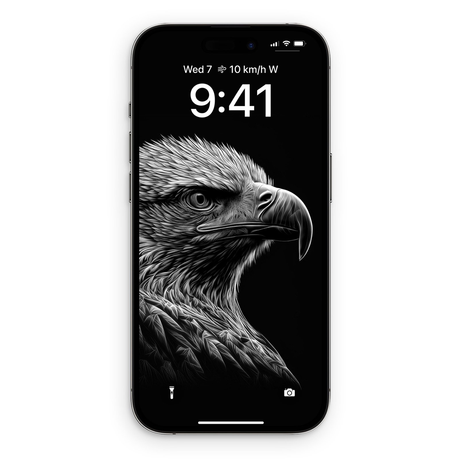 An iPhone displaying a black and white eagle portrait lock screen wallpaper on a dark background.