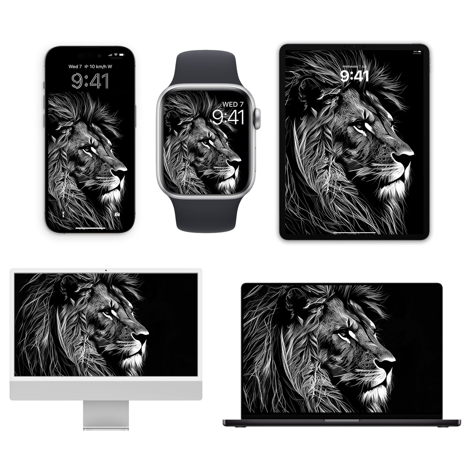 Five Apple devices including an iPhone, Apple Watch, iPad, iMac, and MacBook displaying a high-contrast black and white etched lion portrait wallpaper.