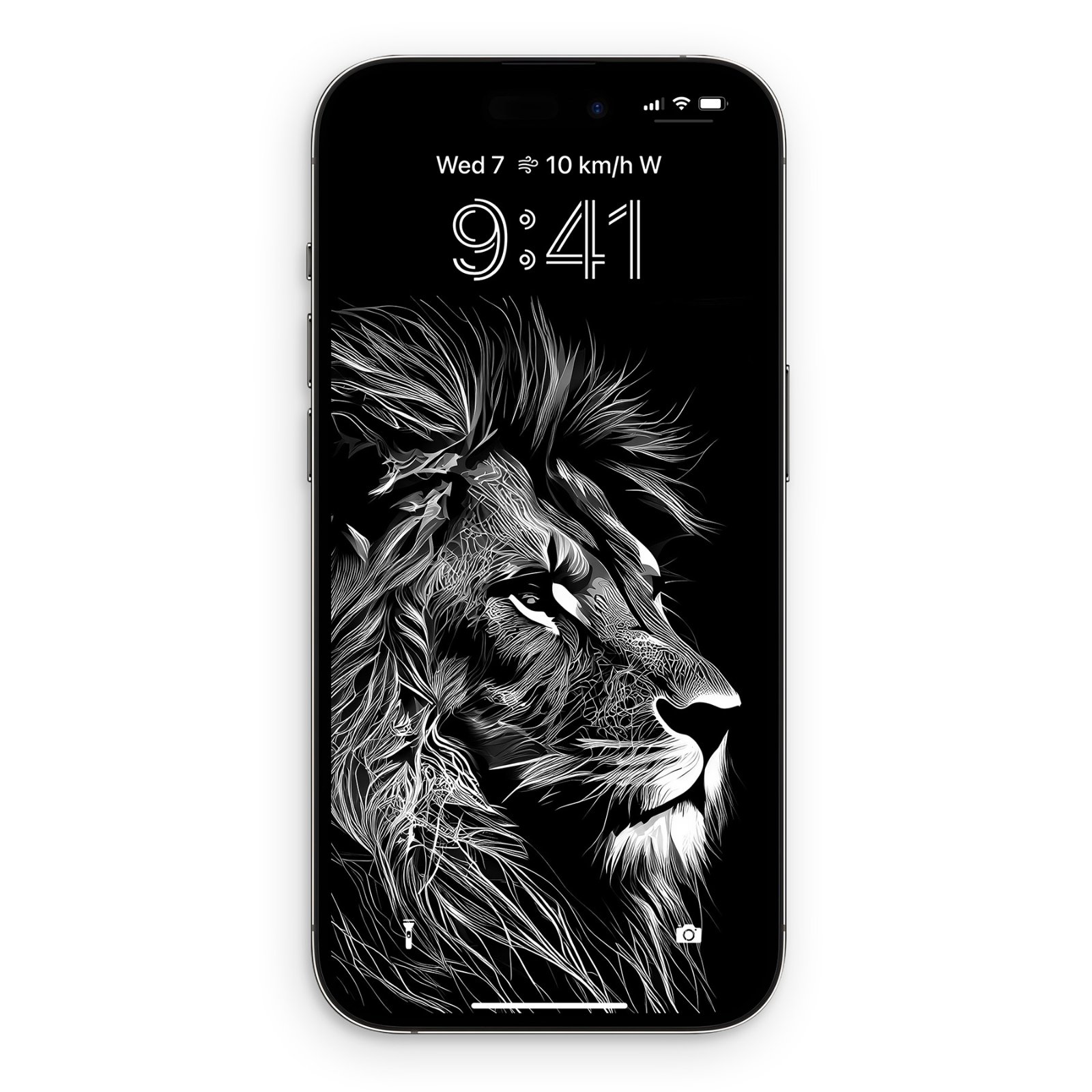 An iPhone screen displaying a high-contrast black and white etched lion portrait against a pitch black background.