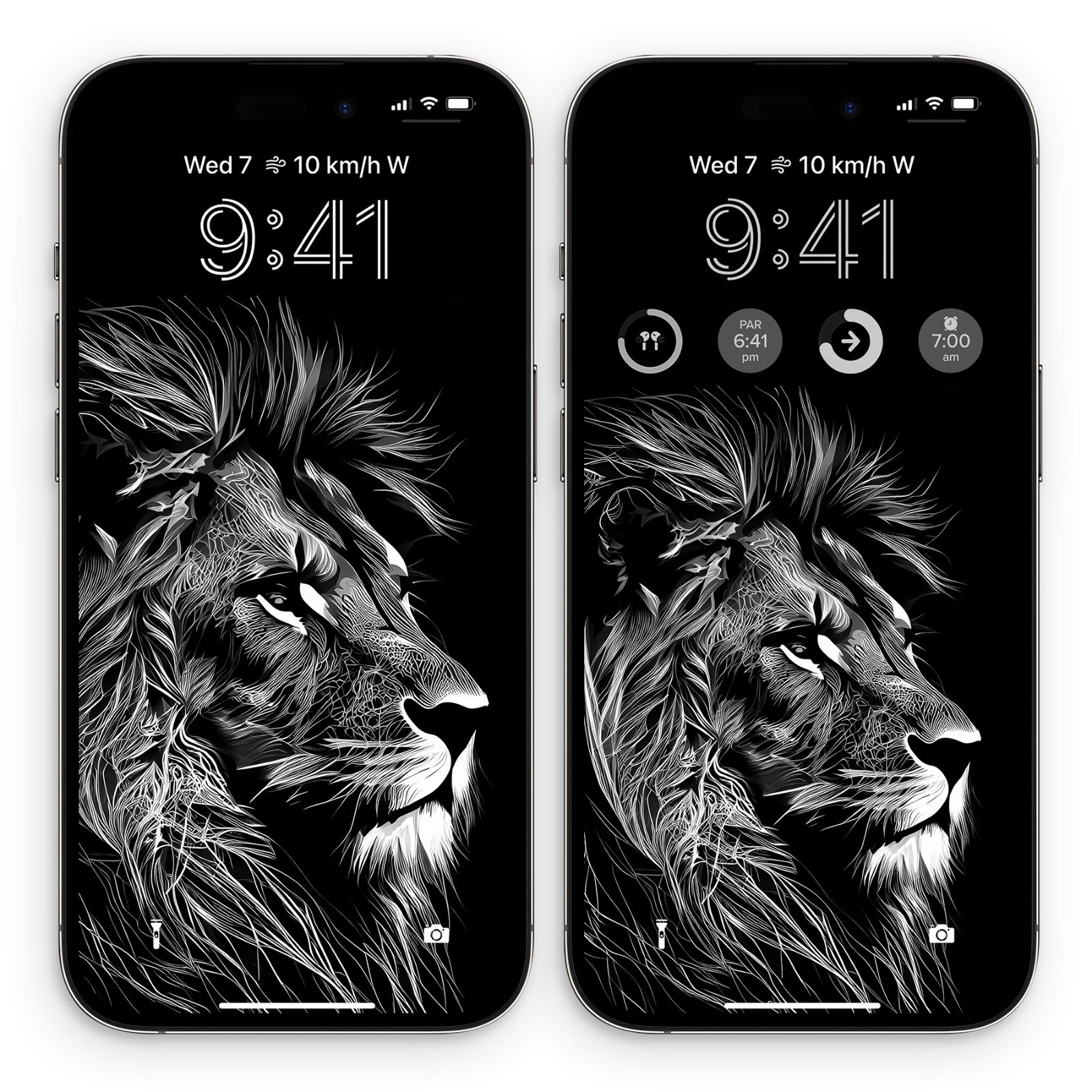 Two iPhones side by side showing lock screen and home screen views of a black and white etched lion illustration.