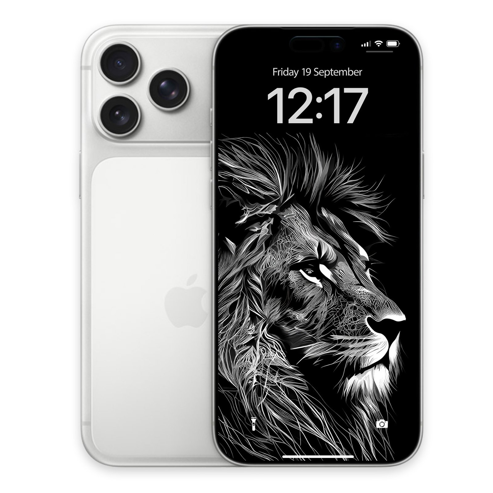 A silver iPhone resting next to an active screen displaying an etched monochrome lion wallpaper.