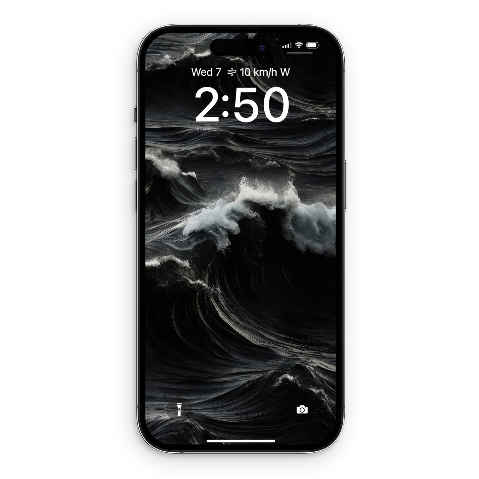 An iPhone lock screen displaying a monochrome black and white wallpaper of tempestuous ocean waves with frothing white crests.
