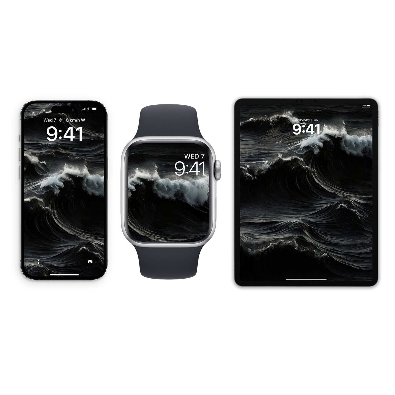 iPhone, Apple Watch, and iPad displaying a monochromatic wave wallpaper. A large wave frozen mid-curl fills each screen in black and white, with detailed foam and water texture. The iPhone shows the wave at 9:41. The Apple Watch displays the same wave composition on a smaller square face. The iPad s