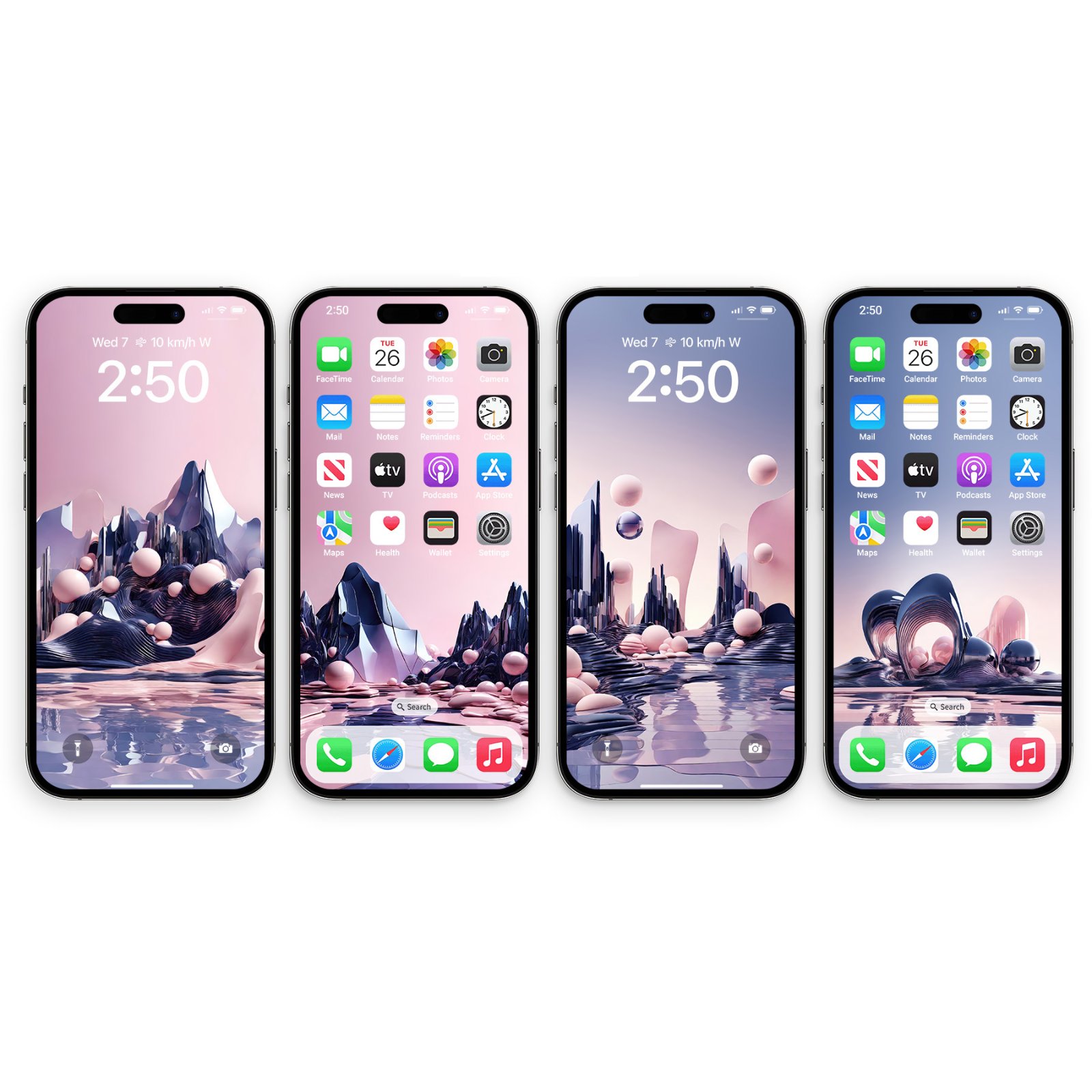Four iPhones displayed side by side showcasing different surreal fantasy landscape wallpapers with pink and blue metallic mountains and floating spheres.
