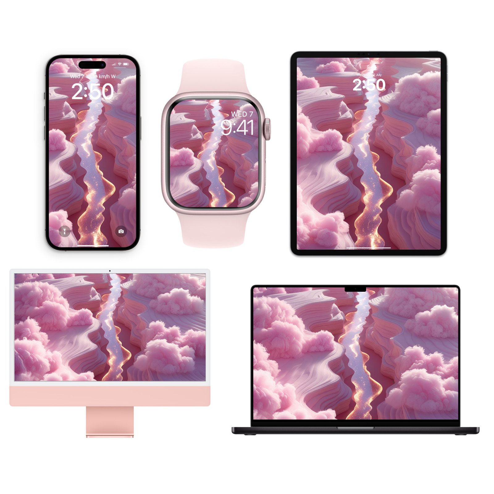 A layout displaying five Apple devices including an iPhone, Apple Watch, iPad, iMac, and MacBook, all displaying a pastel pink terraced canyon wallpaper with a glowing central river.