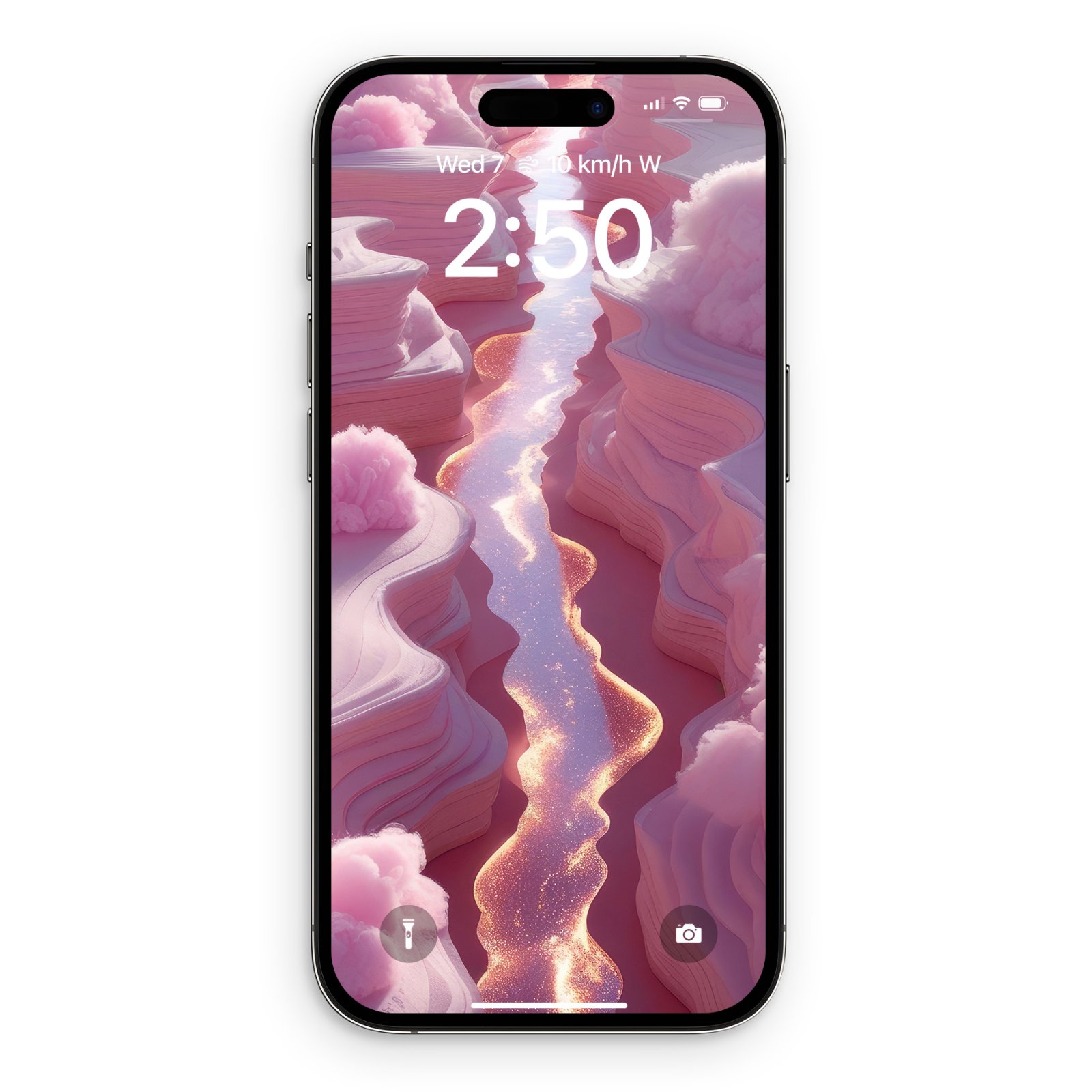 An iPhone lock screen showing a fantasy wallpaper of pink paper cut canyon terraces and a glowing river of light.
