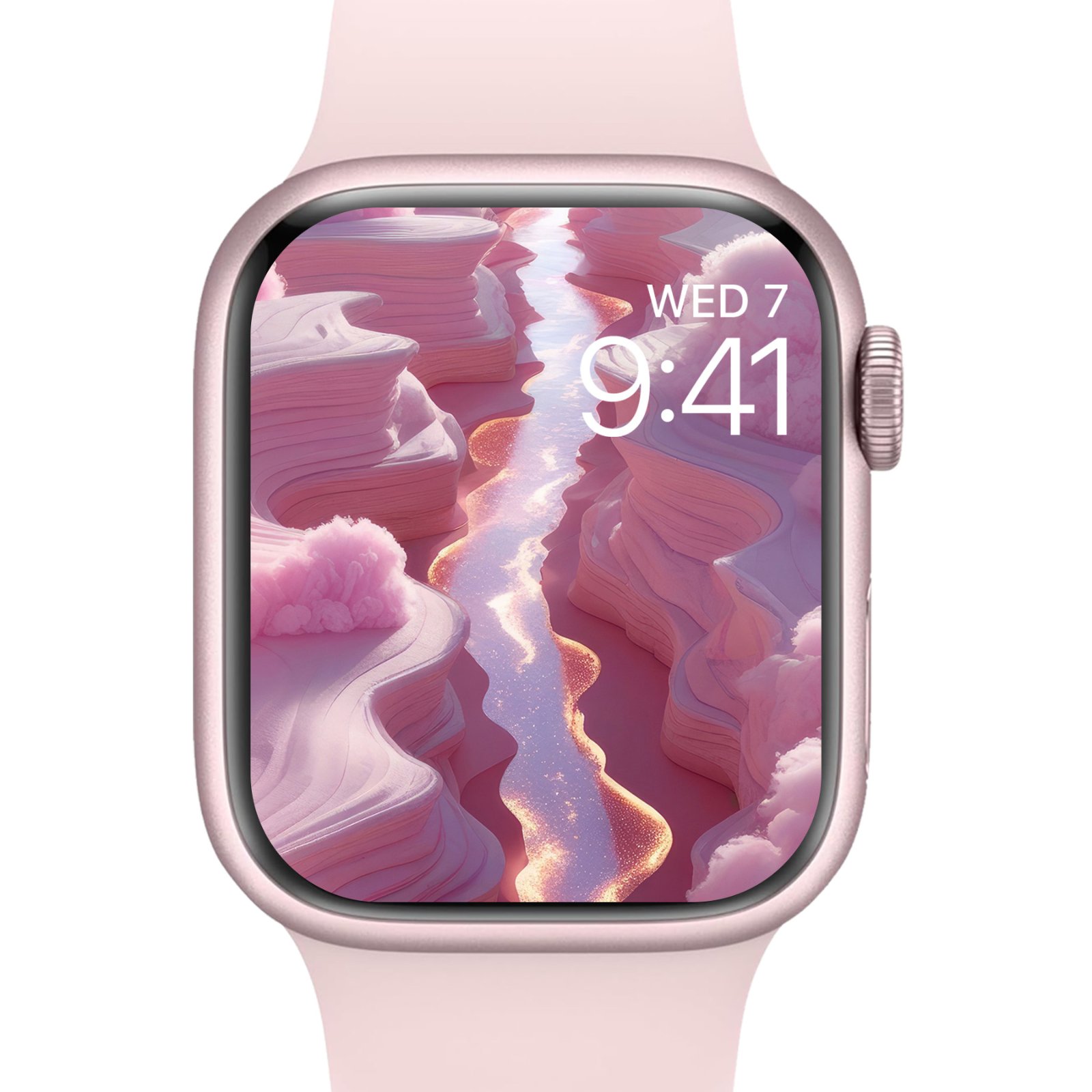 An Apple Watch face featuring a close-up view of the pink cotton cloud canyon and shimmering river wallpaper.