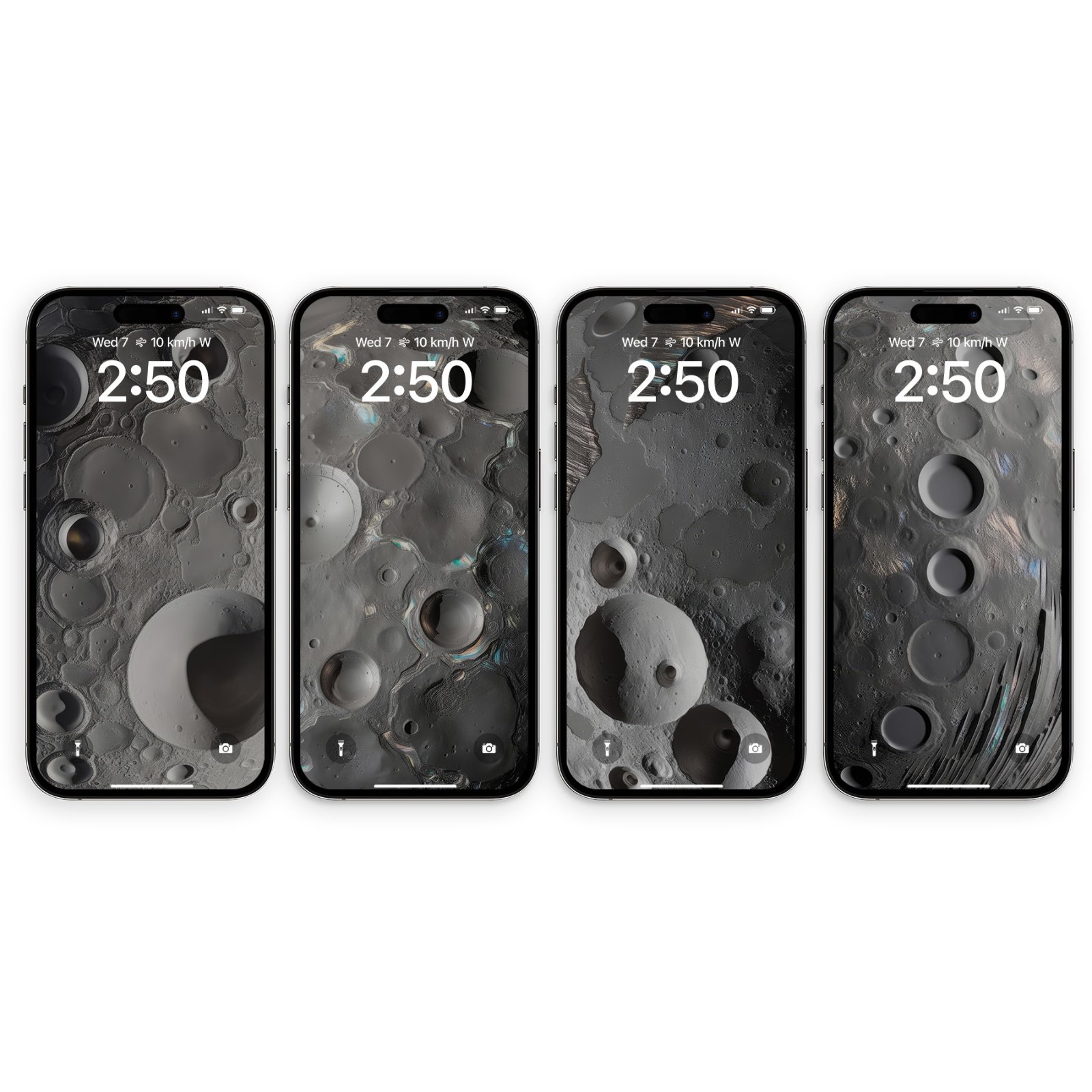 Four black iPhone devices side by side displaying textured dark grey moon craters with subtle iridescent highlights on their lock screens.