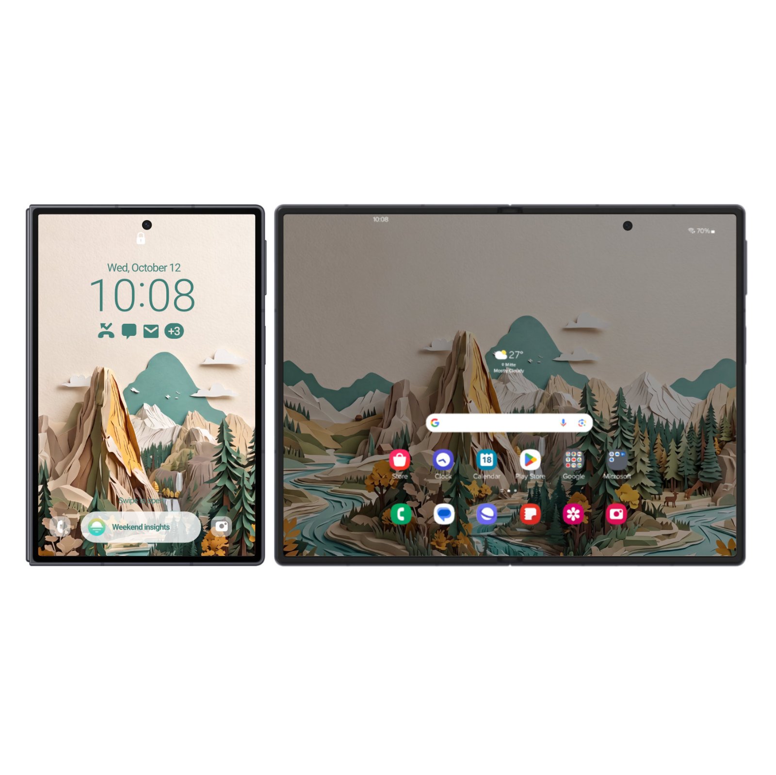 Samsung Galaxy Z Fold cover screen next to an unfolded main display showing a layered papercut Yosemite mountain and river wallpaper.