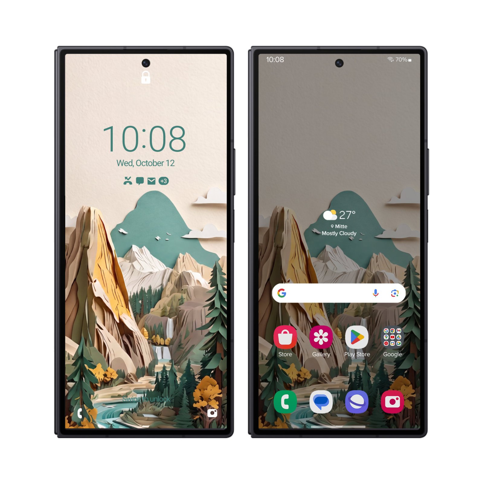 Two Samsung Galaxy Z Fold outer screens side by side showing a papercraft illustration of Yosemite National Park with layered cardstock mountains and pine trees on lock and home screens.