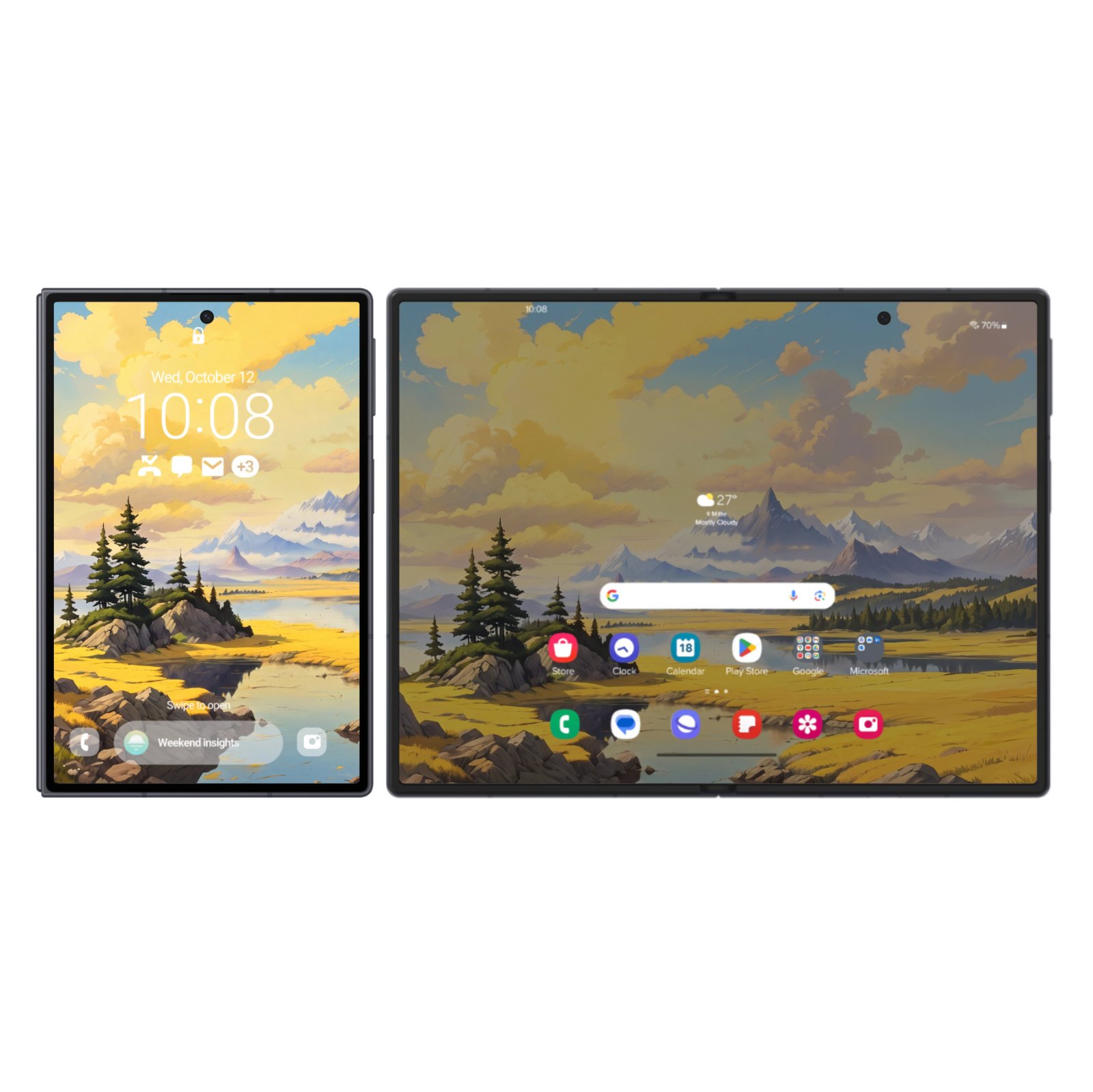 A Samsung Galaxy Fold tablet-sized device on the left showing the lock screen version of the wallpaper, positioned next to a larger Samsung Galaxy Tab tablet on the right displaying the home screen with app grid overlay on the same mountain landscape artwork.