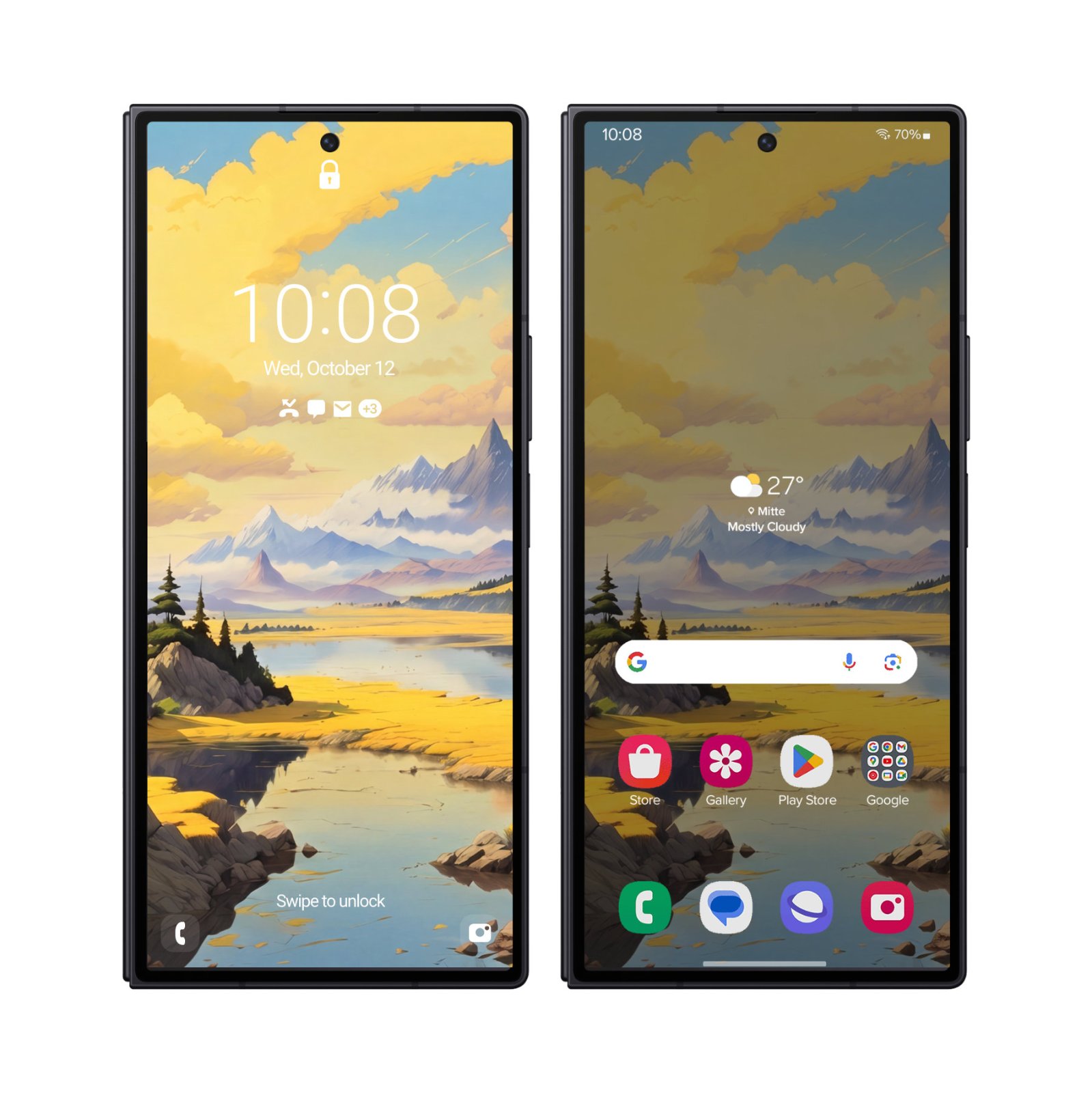 Two Samsung Galaxy Z Fold cover screens side by side displaying a painterly landscape with yellow clouds, a river, and distant mountains on the lock and home screens.