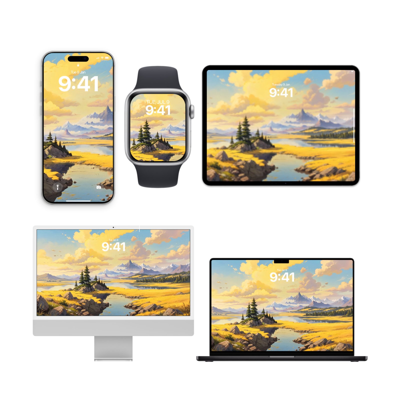 A set of five Apple devices displaying an illustrated golden alpine valley wallpaper with mountain peaks and billowing clouds, including an iPhone, Apple Watch, iPad, iMac, and MacBook.