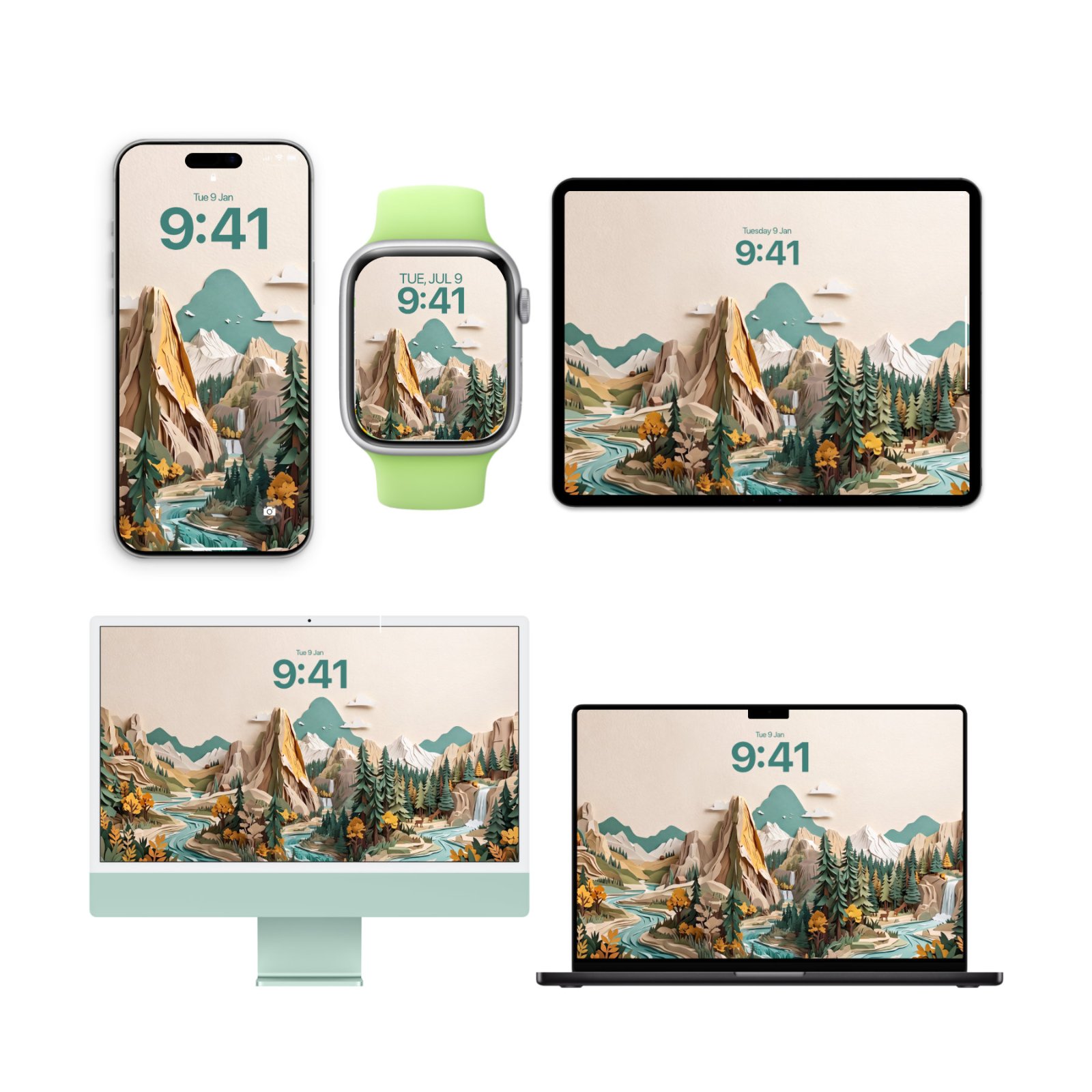 iPhone, Apple Watch, iPad, iMac, and MacBook displaying a papercraft Yosemite Valley scene with layered cardstock cliffs, sage conifers, turquoise river, and cream sky.