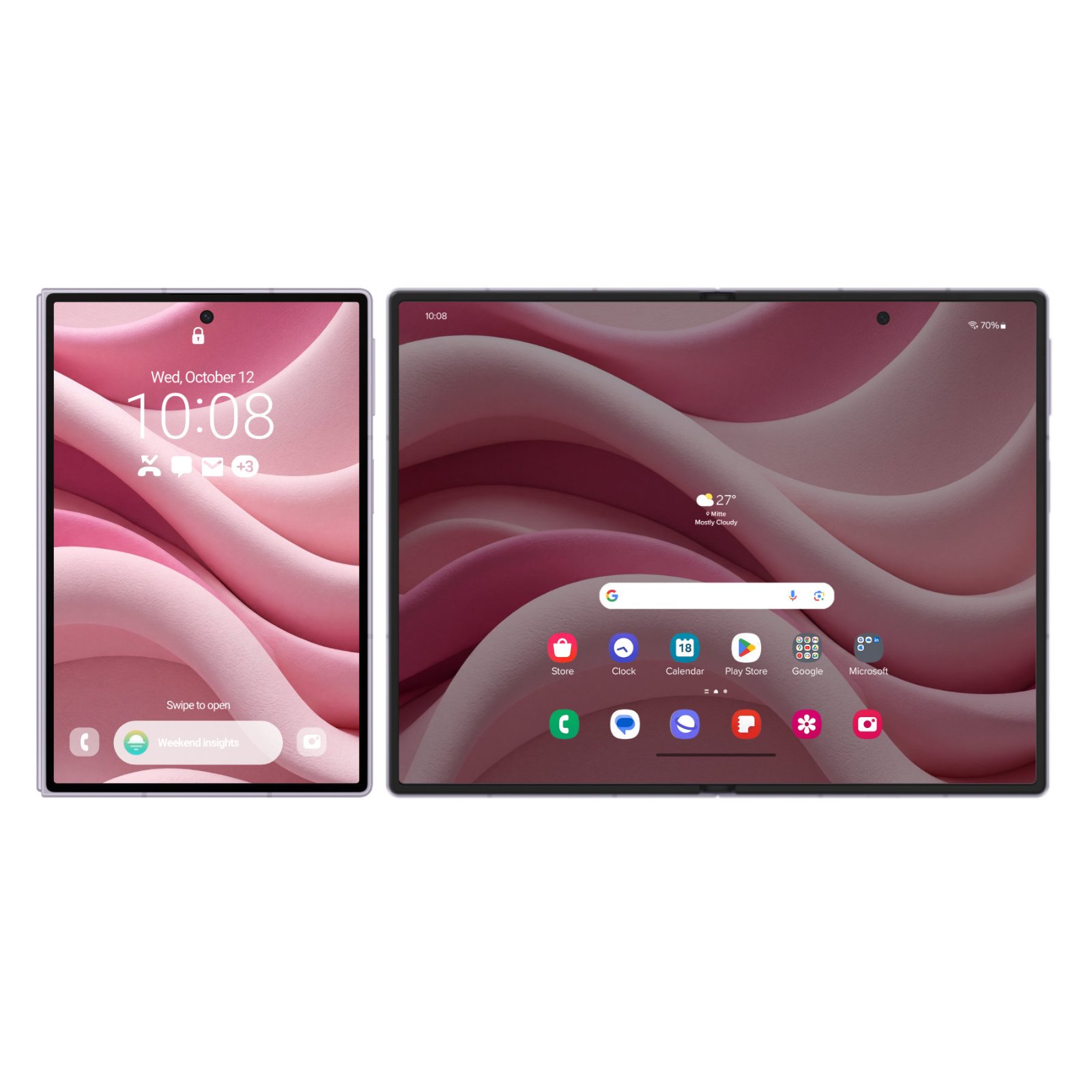 Samsung Galaxy Fold mockups showing cover screen and unfolded inner display with pink suede fabric fold wallpaper.