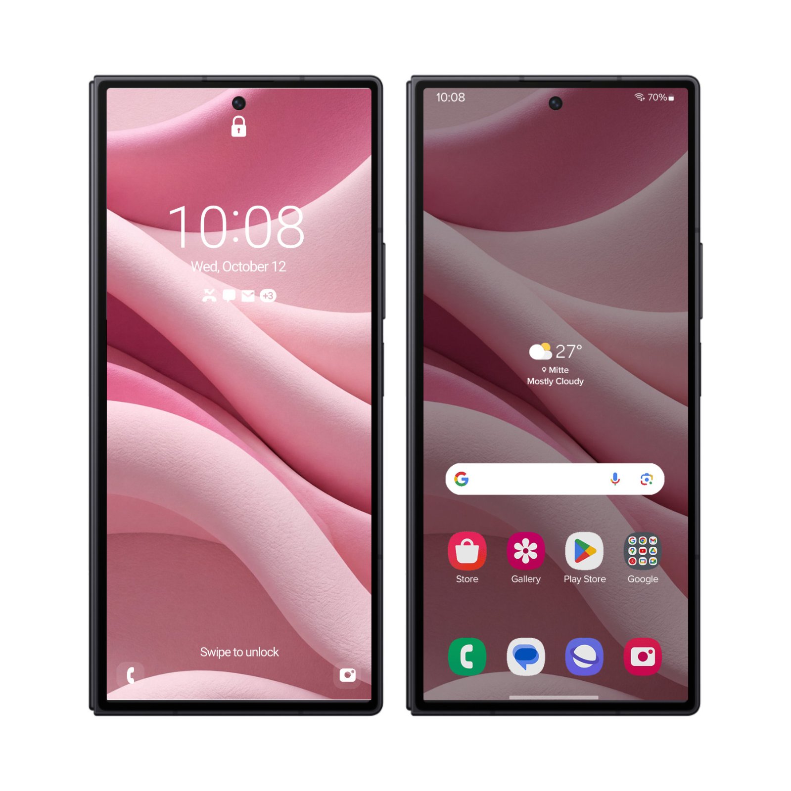 Lock screen and home screen mockups of the pink suede fabric wallpaper displayed side by side on two front-facing Samsung Galaxy Fold phones.