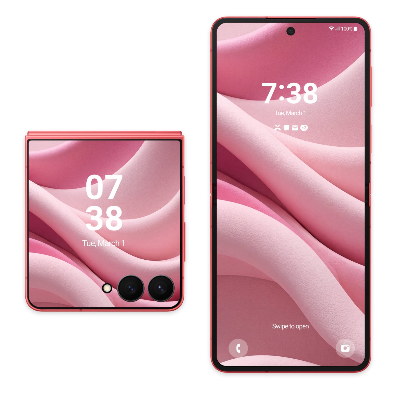 Samsung Galaxy Z Flip shown closed on the left and open on the right, both displaying a pink suede fabric wallpaper with soft diagonal folds.