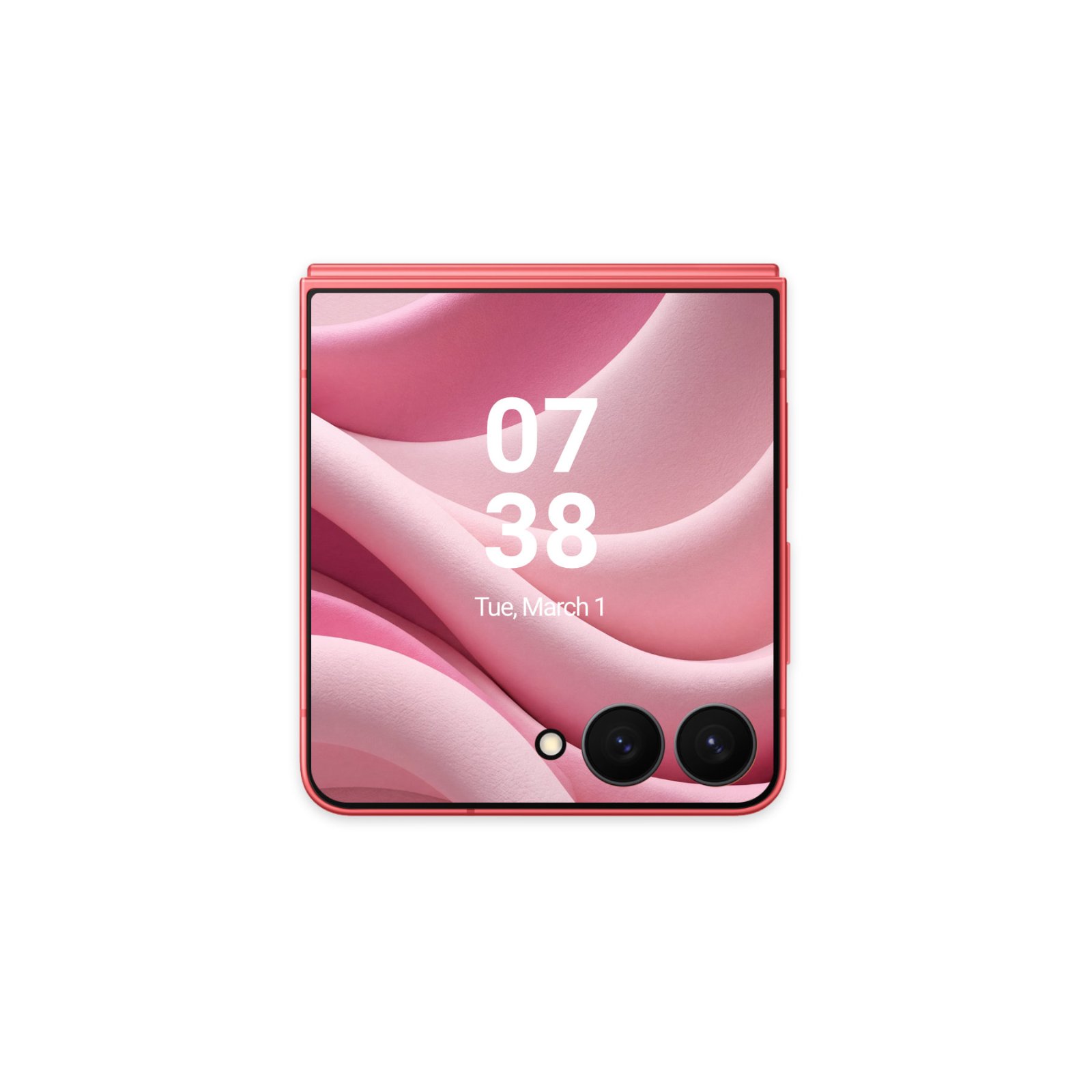 Samsung Galaxy Z Flip folded closed showing the cover screen with a pink suede folded fabric wallpaper.