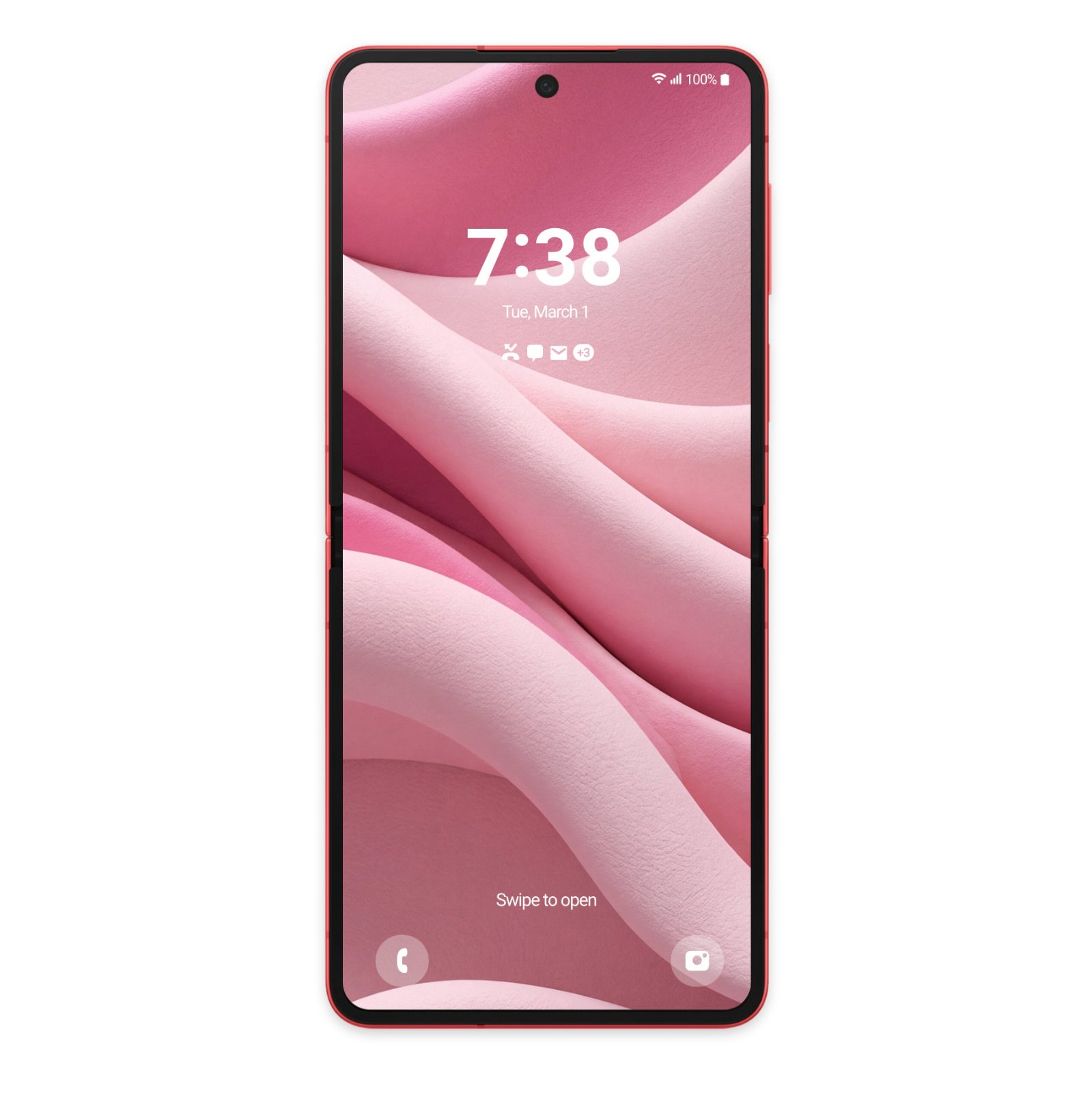 Samsung Galaxy Z Flip open lock screen displaying pink suede textured fabric waves with clock and date widgets.