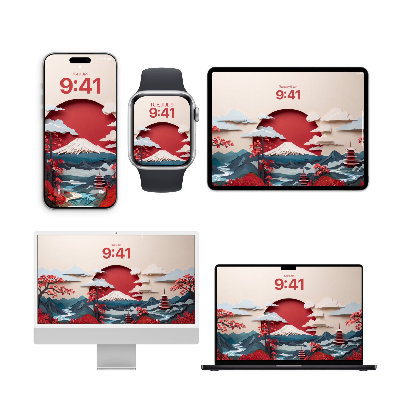 Multi-device bundle mockup showing an iPhone, Apple Watch, iPad, iMac, and MacBook all displaying a layered papercraft illustration of Mount Fuji under a crimson sun with cherry blossoms and slate blue hills.