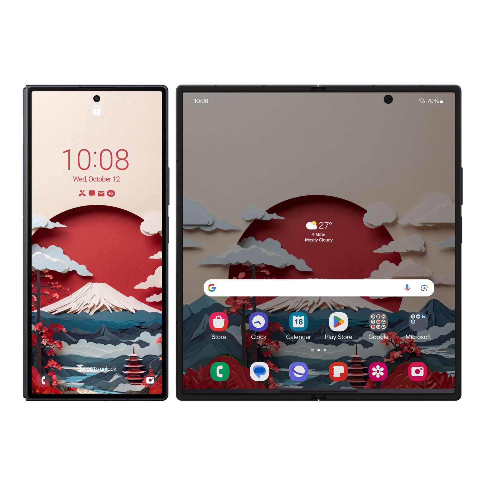 Samsung Galaxy Z Fold mockup showing Mount Fuji papercraft wallpaper across the outer cover screen and large unfolded inner display.