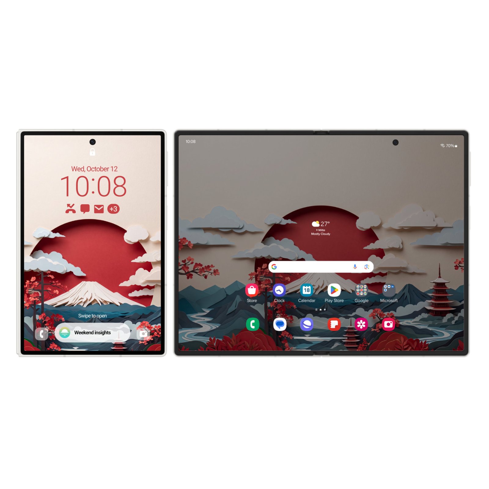 Samsung Galaxy Z Fold mockup showing the folded cover screen on the left and the wide unfolded inner display on the right featuring paper art of Mount Fuji.