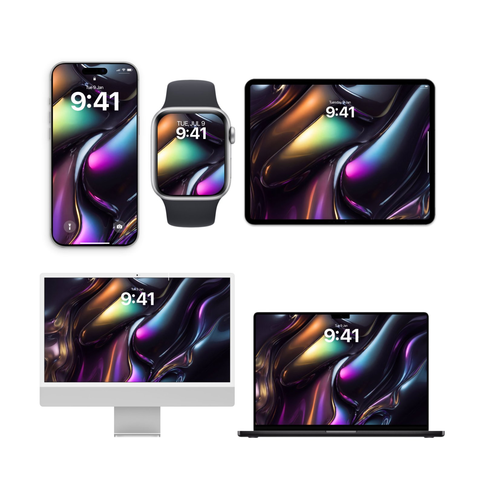 Iridescent molten liquid silk wallpaper mockup shown across an iPhone, Apple Watch, iPad, iMac, and MacBook against a white background.