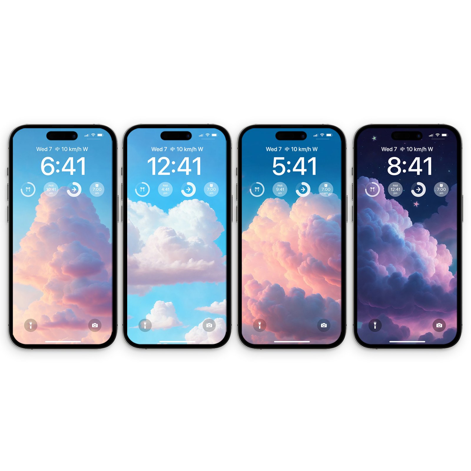 Four iPhone lock screens side by side showing a vertical anime cloud wallpaper transitioning through four times of day: morning pink, midday blue, sunset peach, and starry twilight purple.