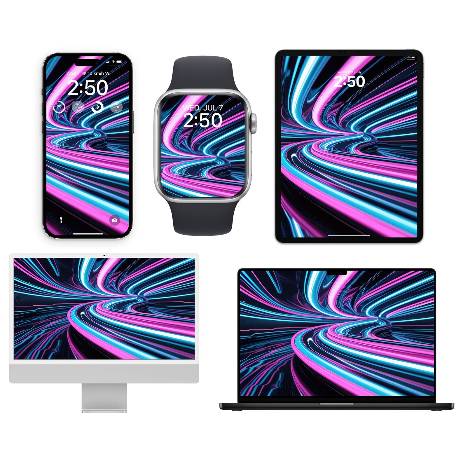An iPhone, Apple Watch, iPad, iMac, and MacBook displaying an abstract wallpaper of curving magenta and electric blue neon light trails against a black background.