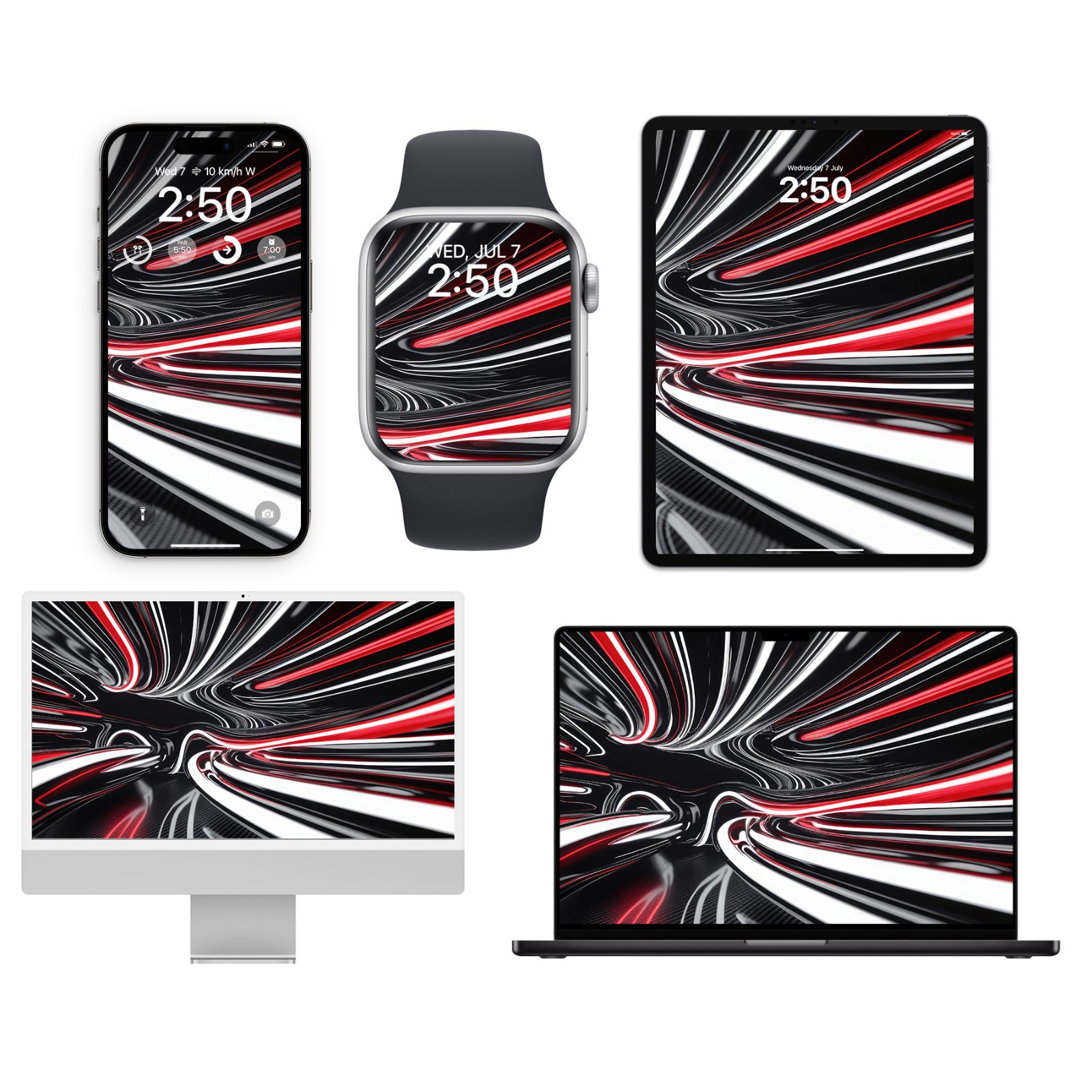A complete mockup collection featuring an iPhone, Apple Watch, iPad, iMac, and MacBook displaying an abstract wallpaper of red, white, and black light streaks warping across a dark carbon texture.